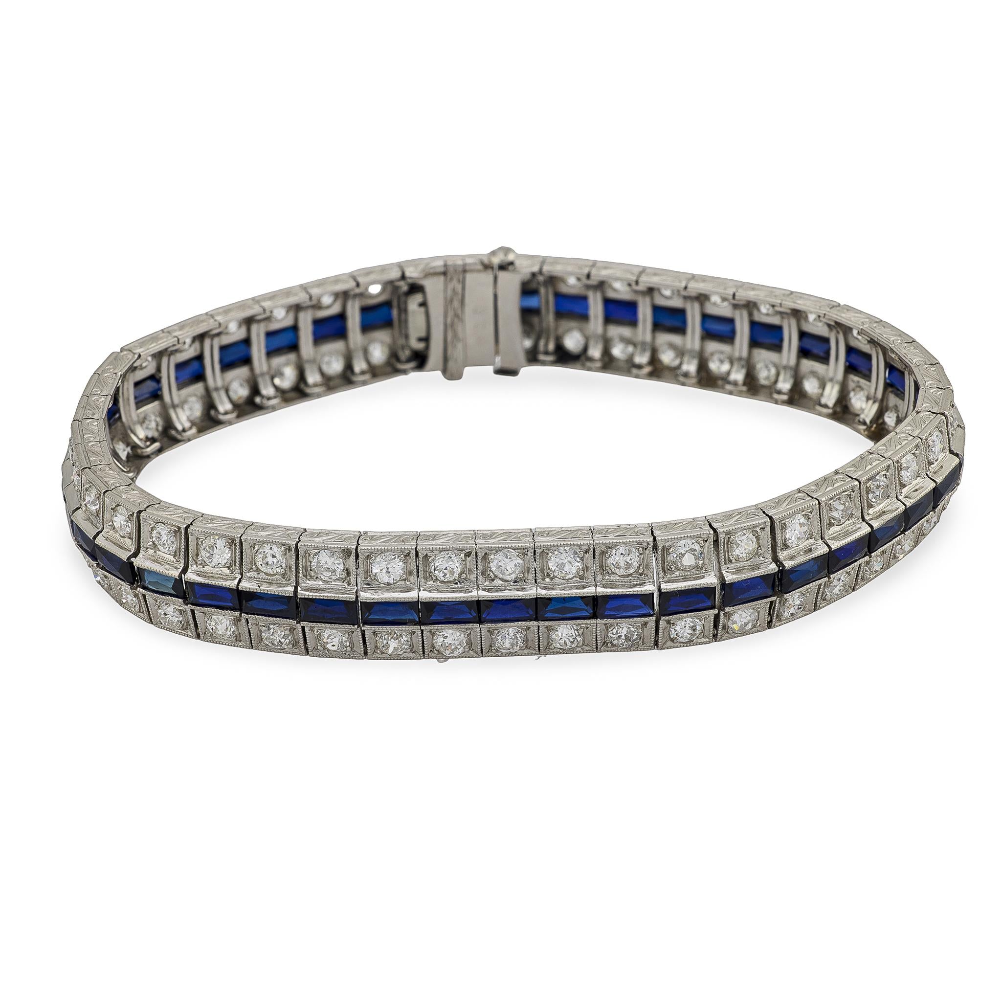 Art Deco Platinum Diamond and Sapphire Line Bracelet