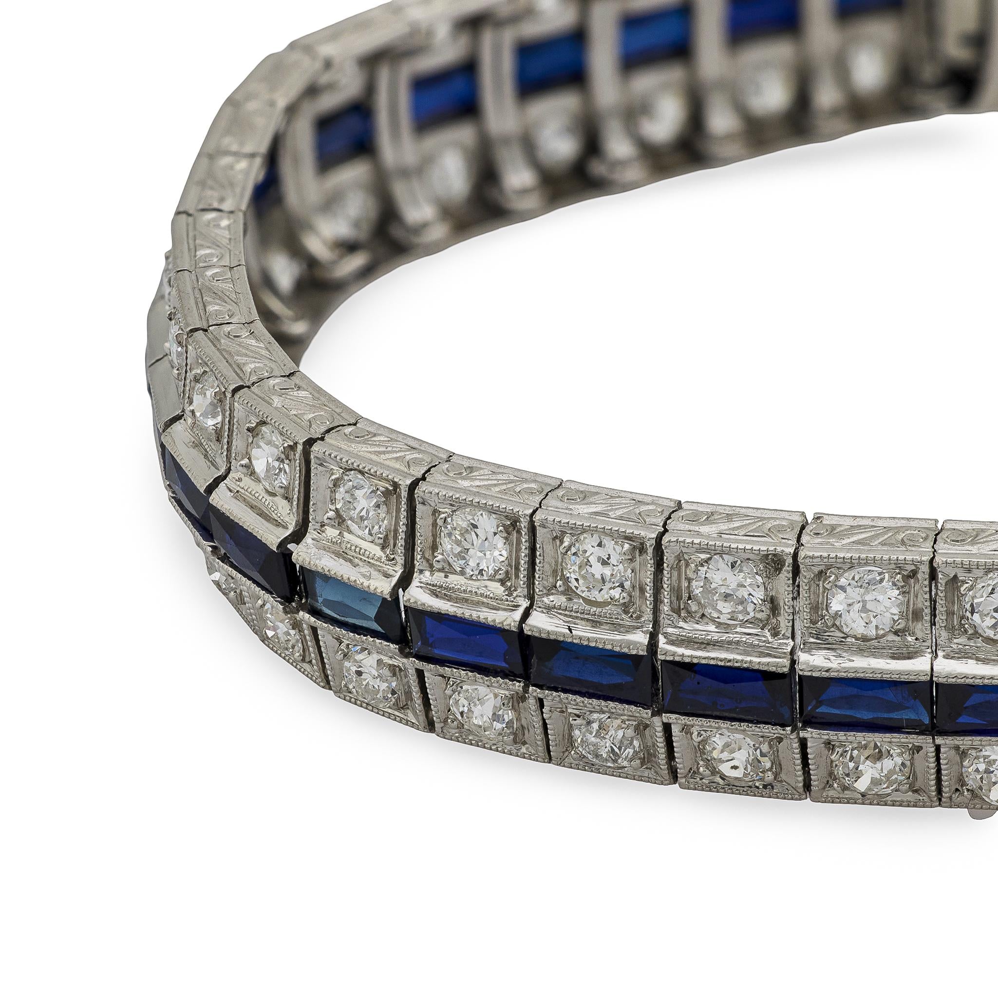 Art Deco Platinum Diamond and Sapphire Line Bracelet