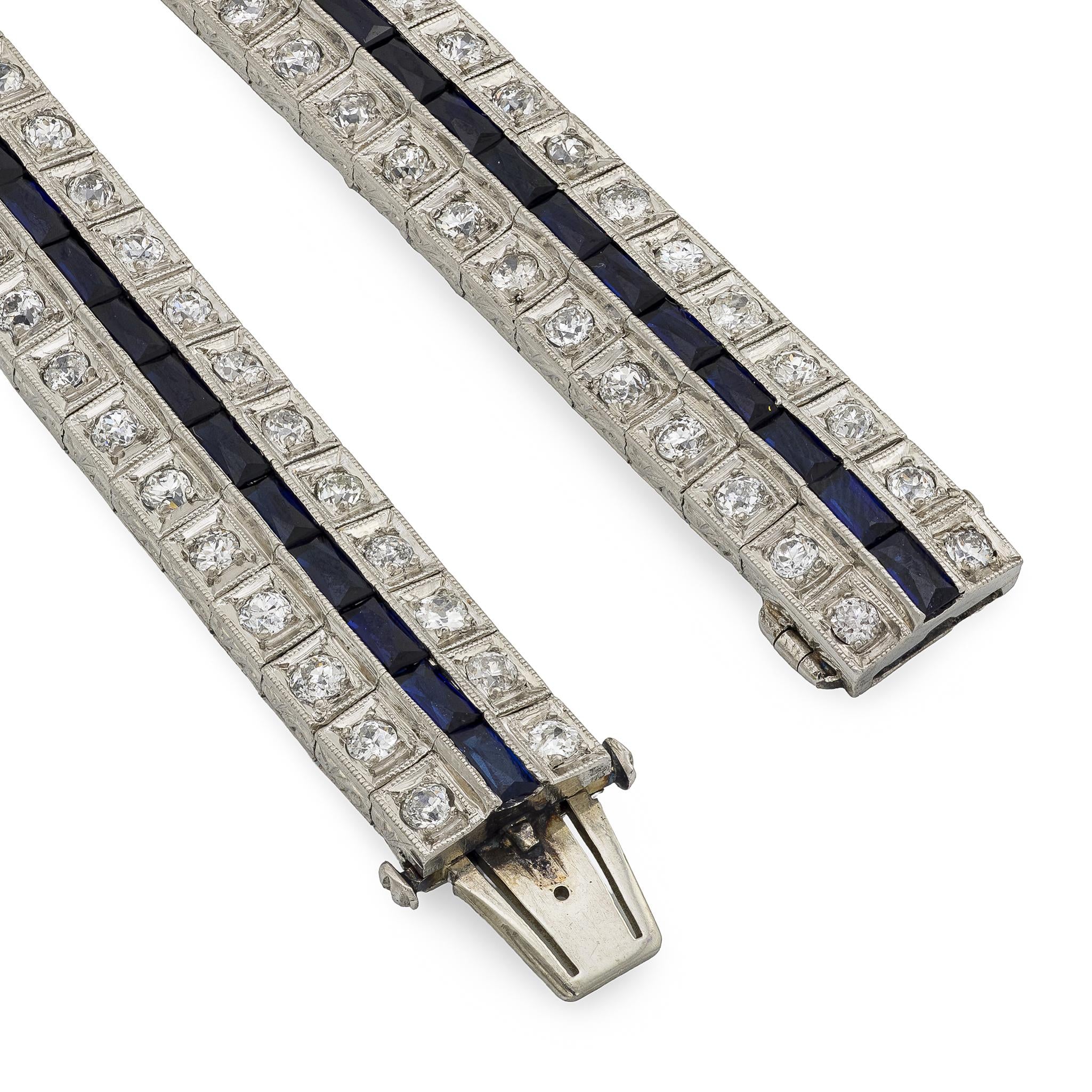 Art Deco Platinum Diamond and Sapphire Line Bracelet