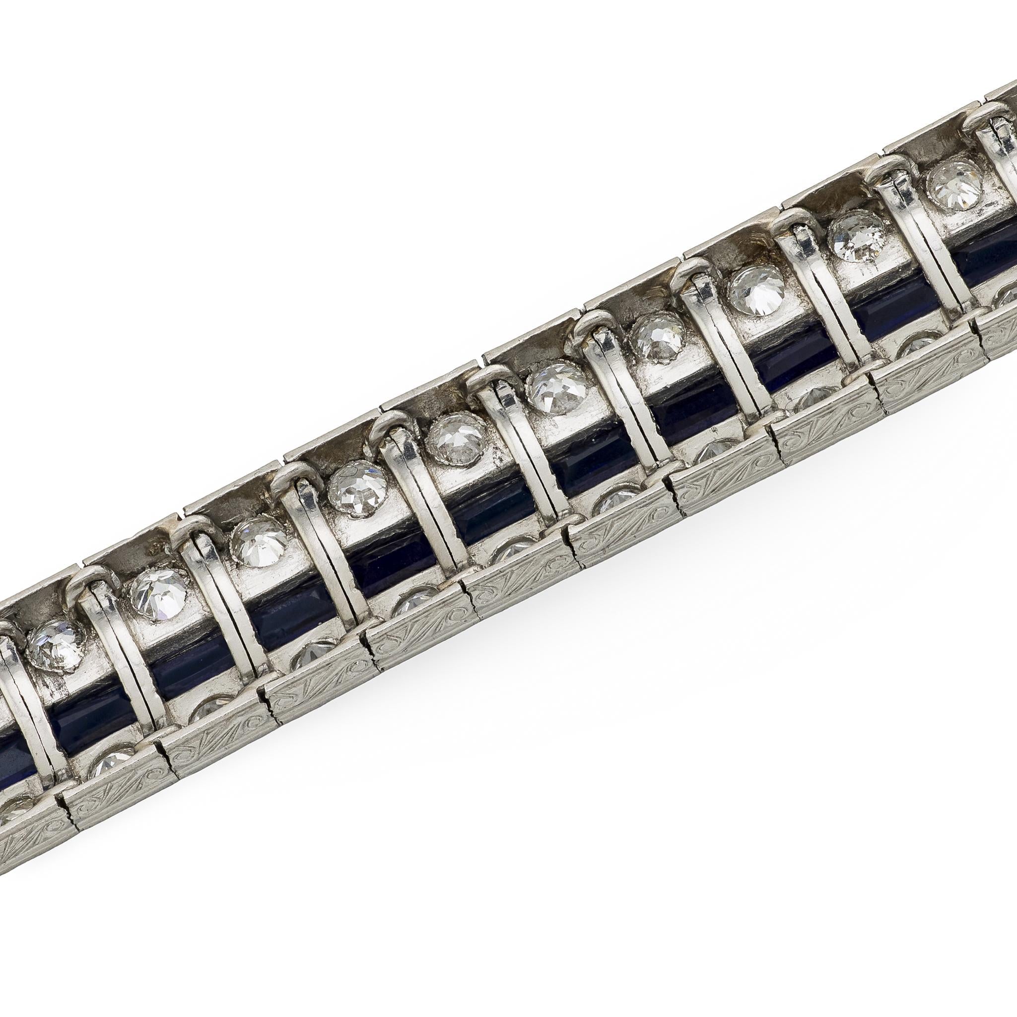 Art Deco Platinum Diamond and Sapphire Line Bracelet