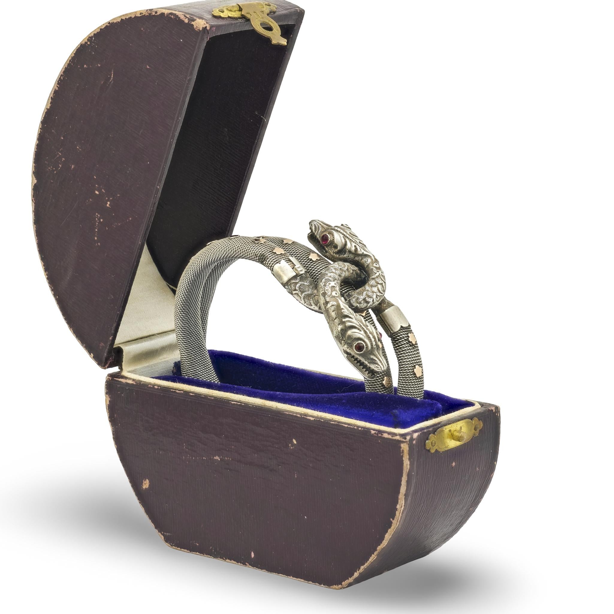 Victorian French Sterling Silver/Gold-Filled Garnet Snake Bracelet