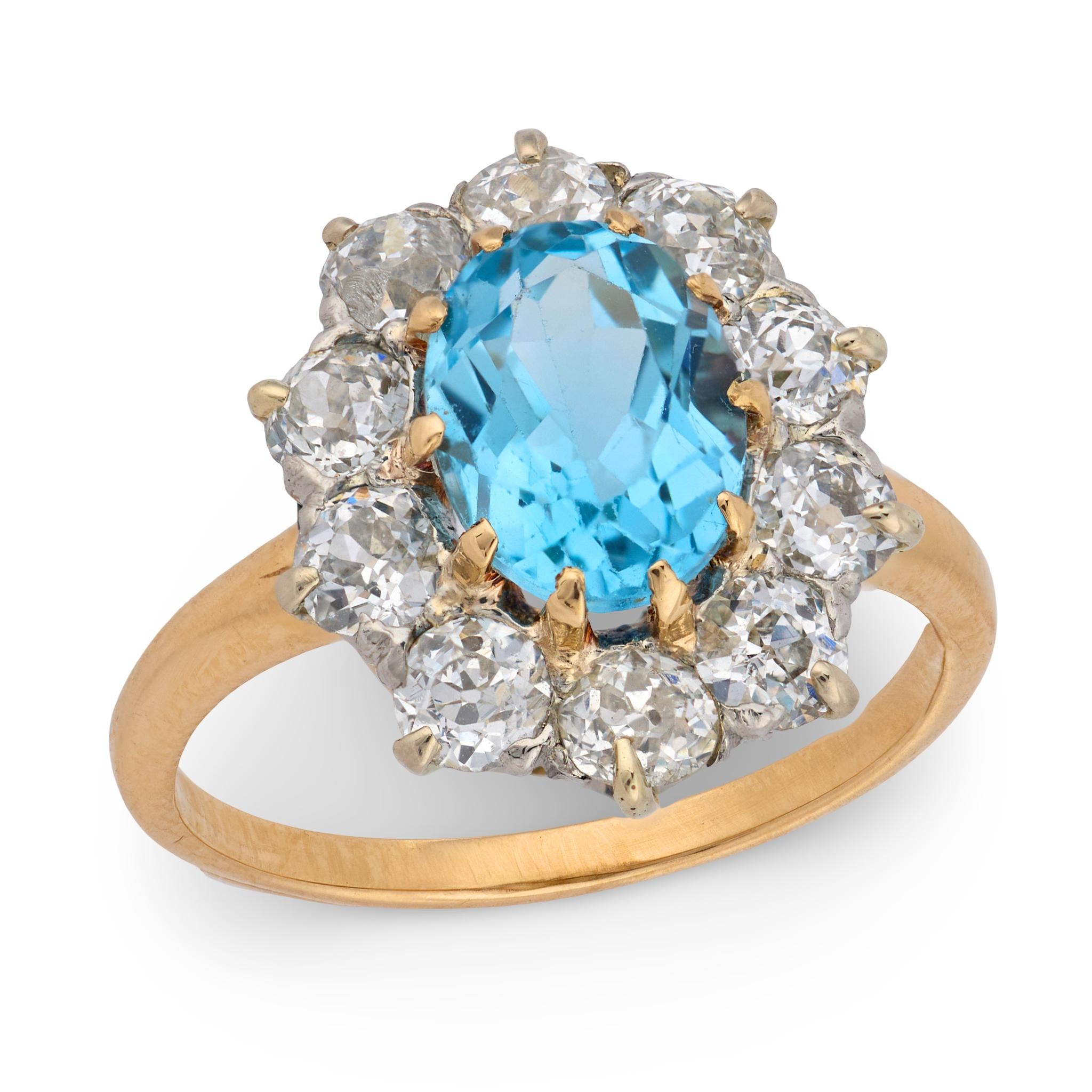 Retro 14k/Platinum Aqua & Diamond Halo Ring