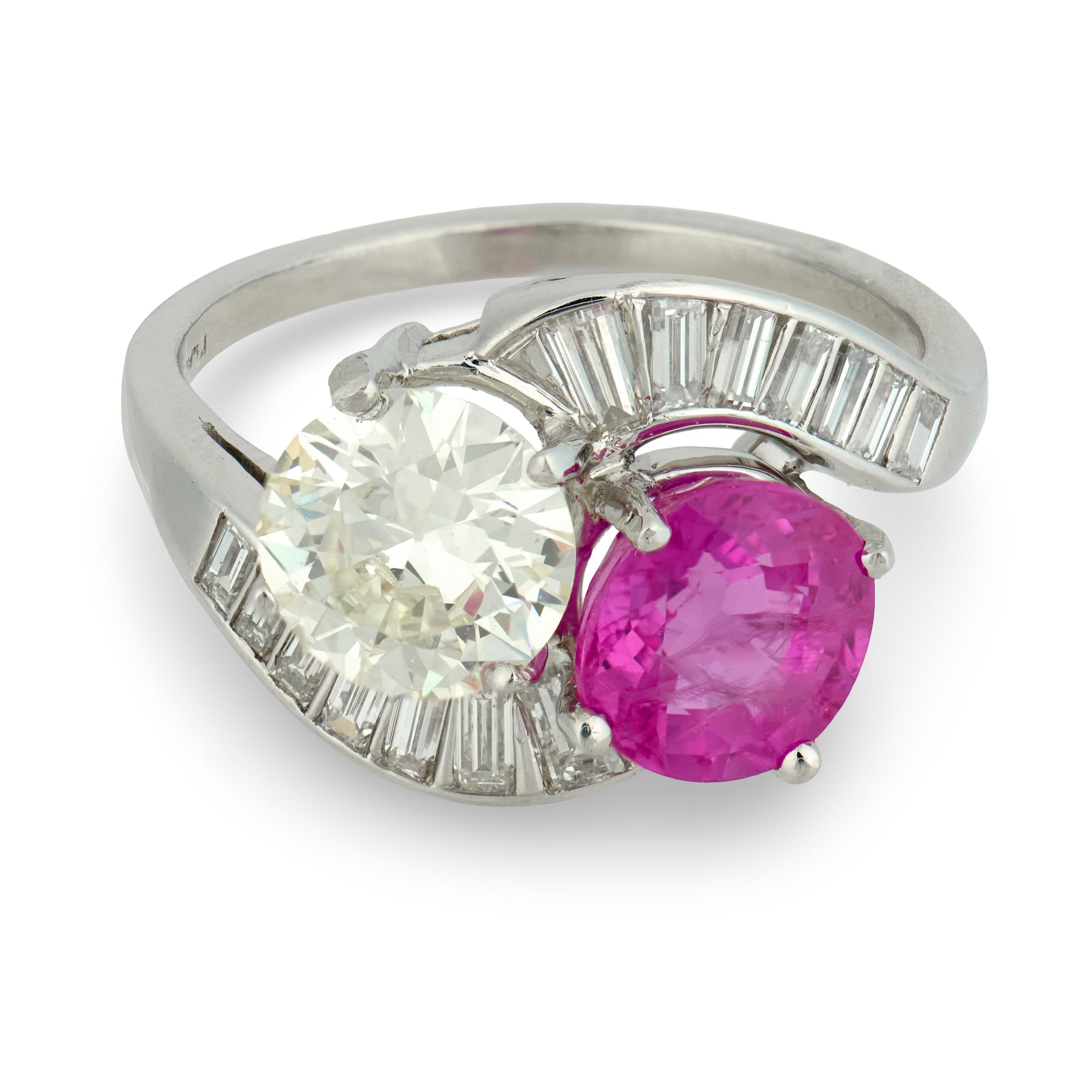 Estate Platinum Pink Sapphire & Diamond "Moi et Toi" Bypass Ring