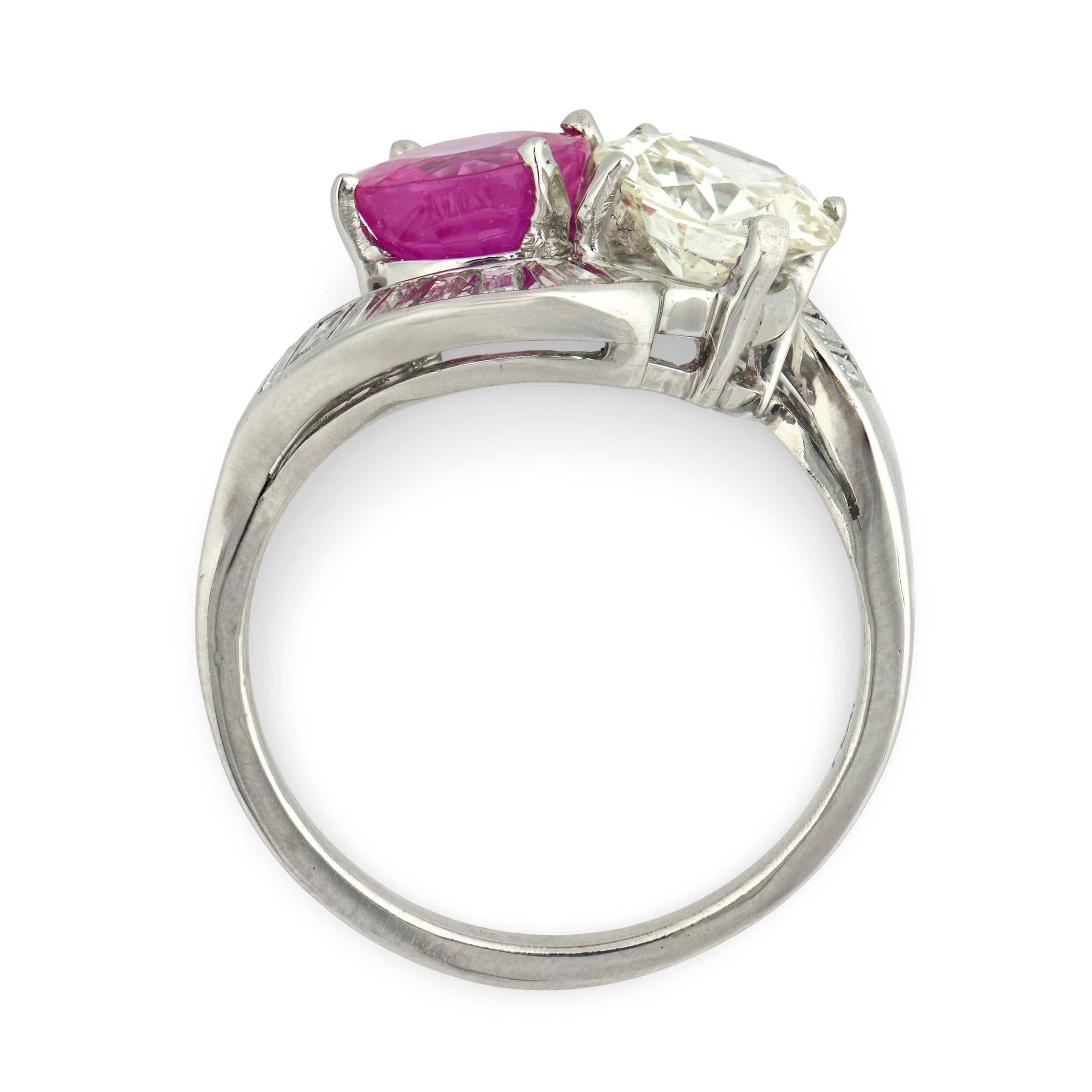 Estate Platinum Pink Sapphire & Diamond "Moi et Toi" Bypass Ring