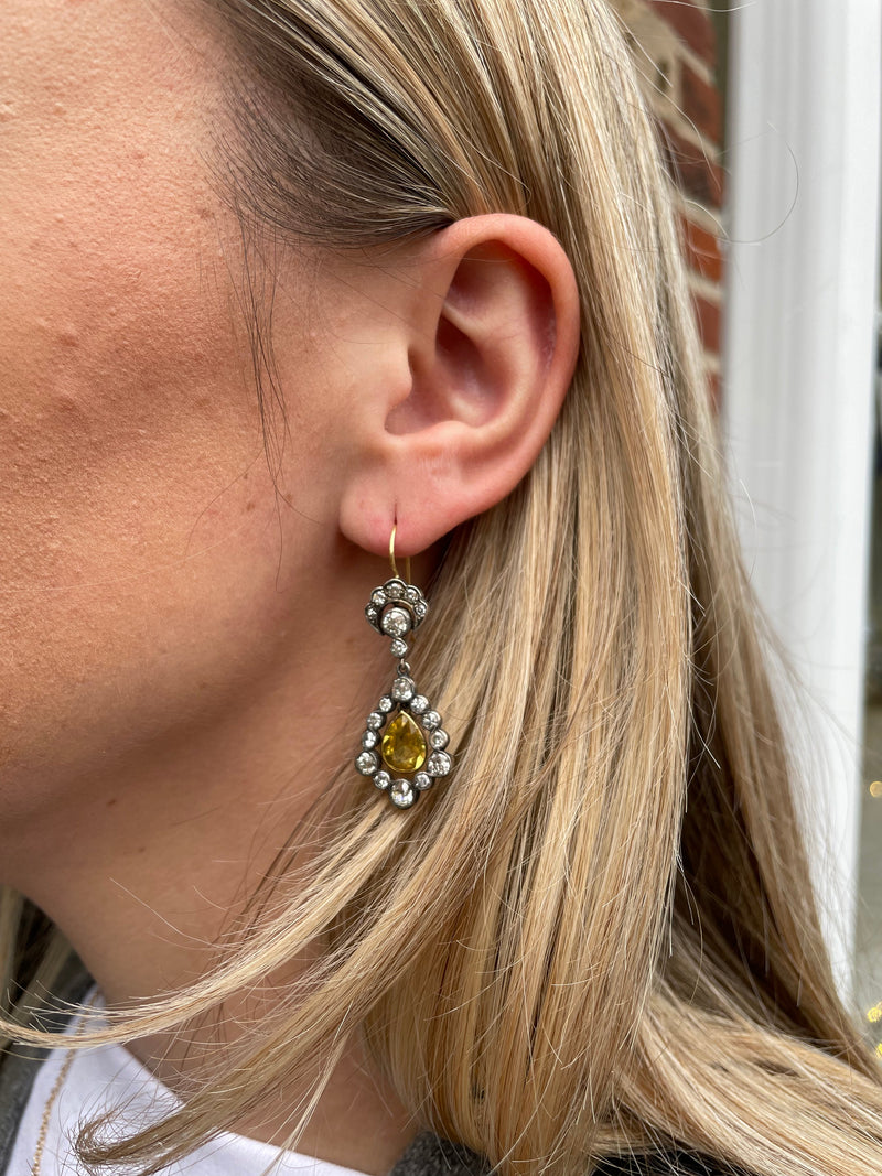 Victorian 18kt/Sterling No Heat Ceylon Yellow Sapphire 2.25ctw + Diamond Dangle Earrings 3.5ctw