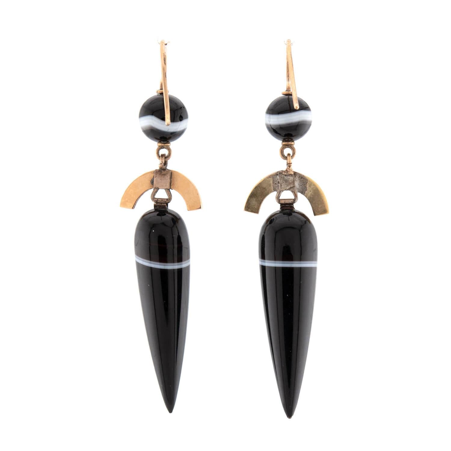 Victorian 14k Banded Agate & Pearl Drop Earrings