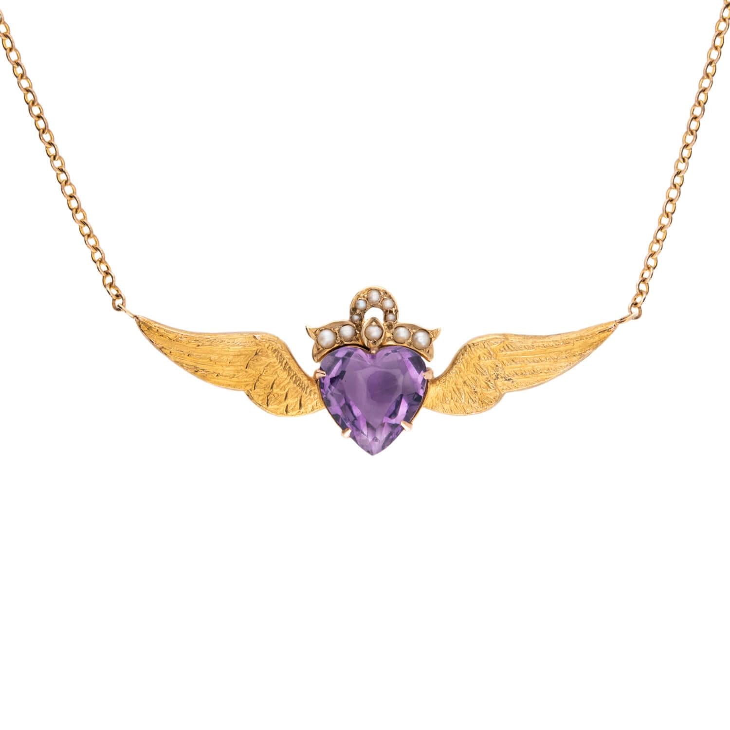 Victorian 15k/18k Amethyst & Pearl Winged Heart Pin/Pendant