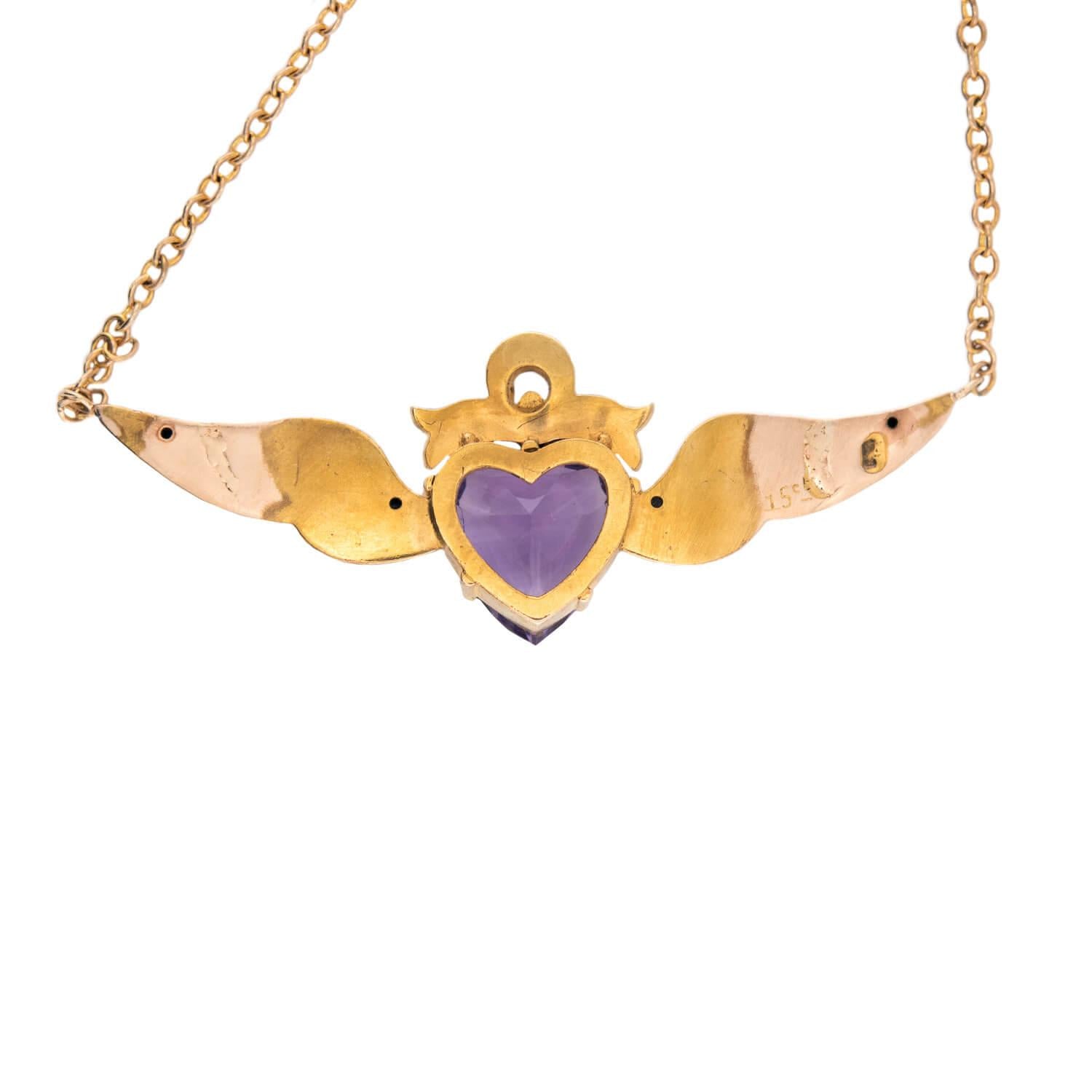 Victorian 15k/18k Amethyst & Pearl Winged Heart Pin/Pendant