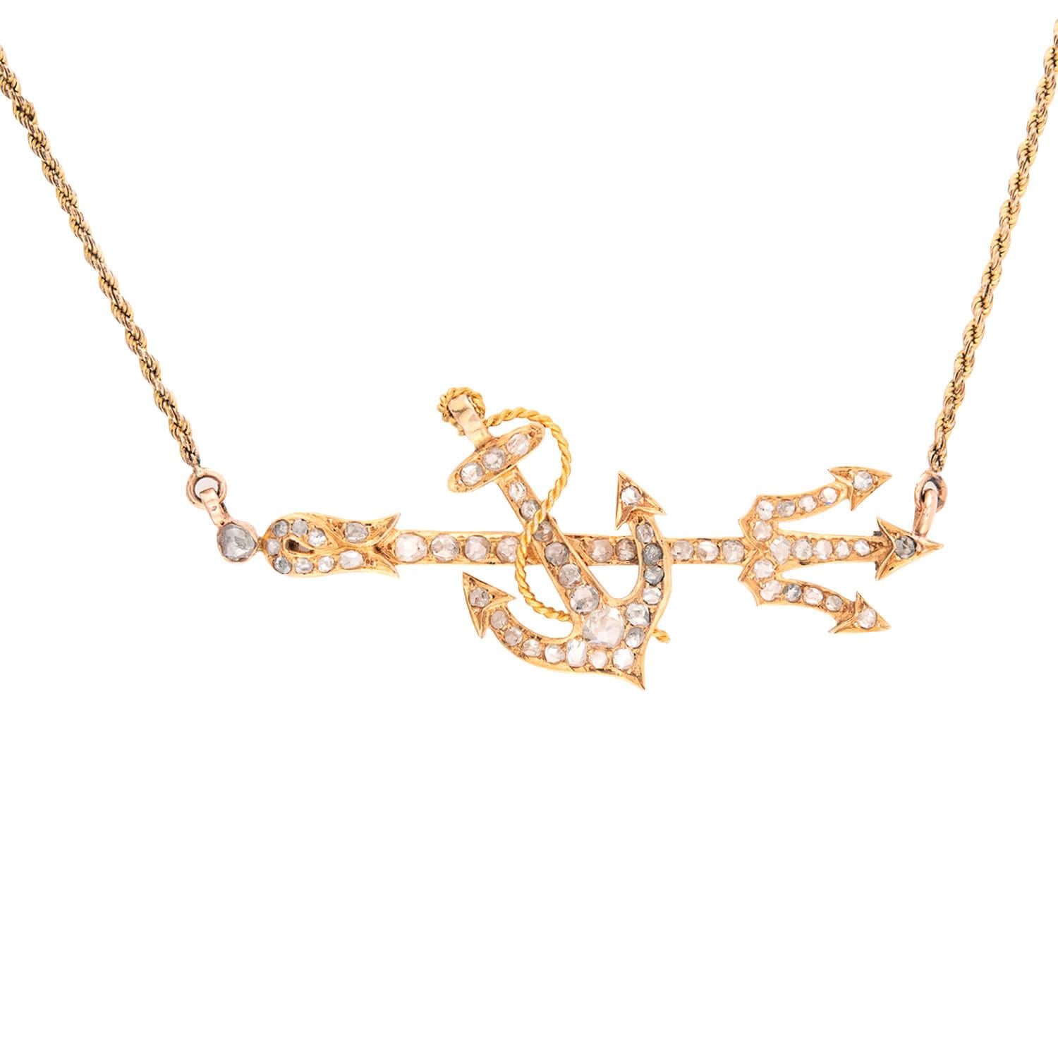 Victorian 18k Diamond Anchor and Trident Necklace