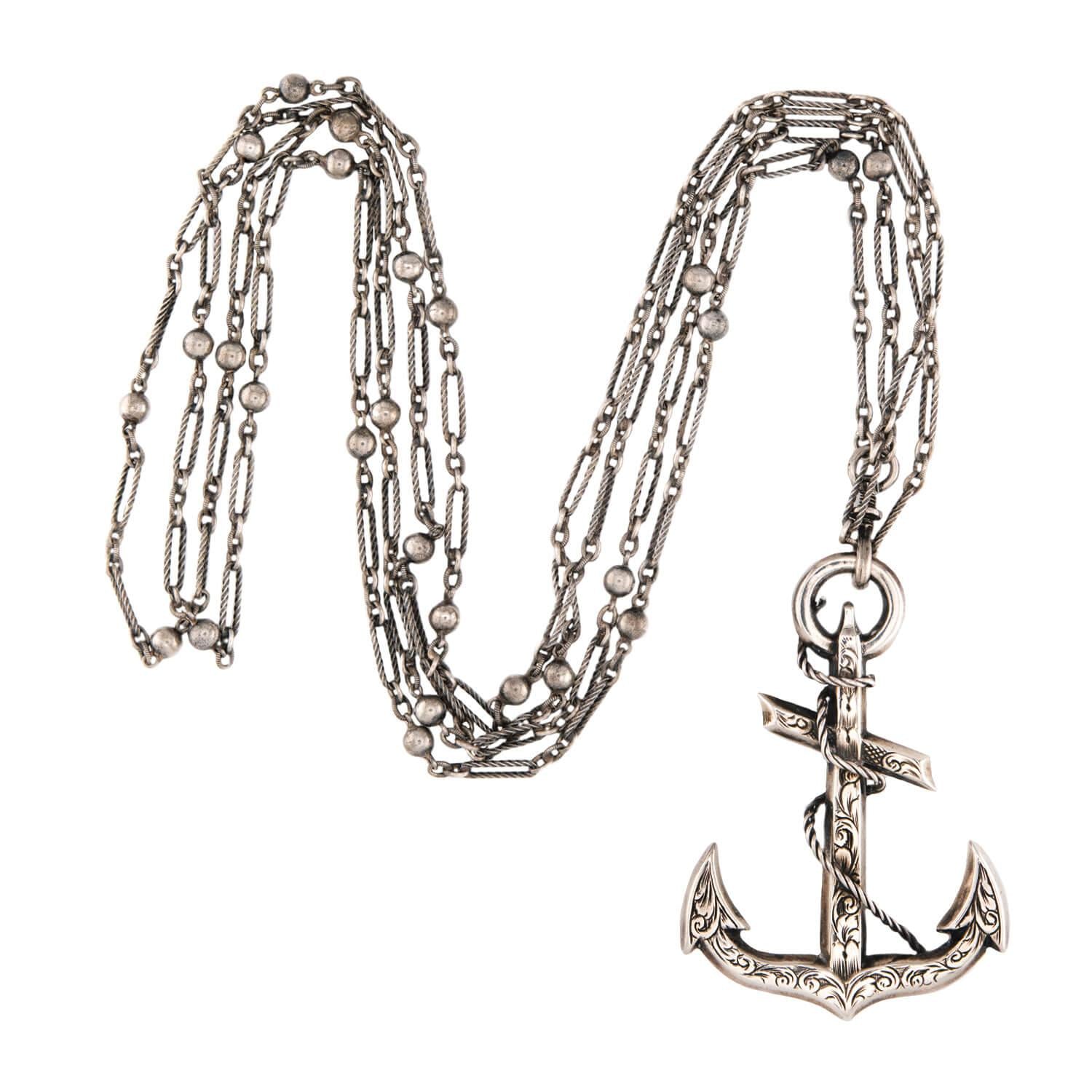 Victorian Sterling Silver Anchor Pendant Necklace 62"