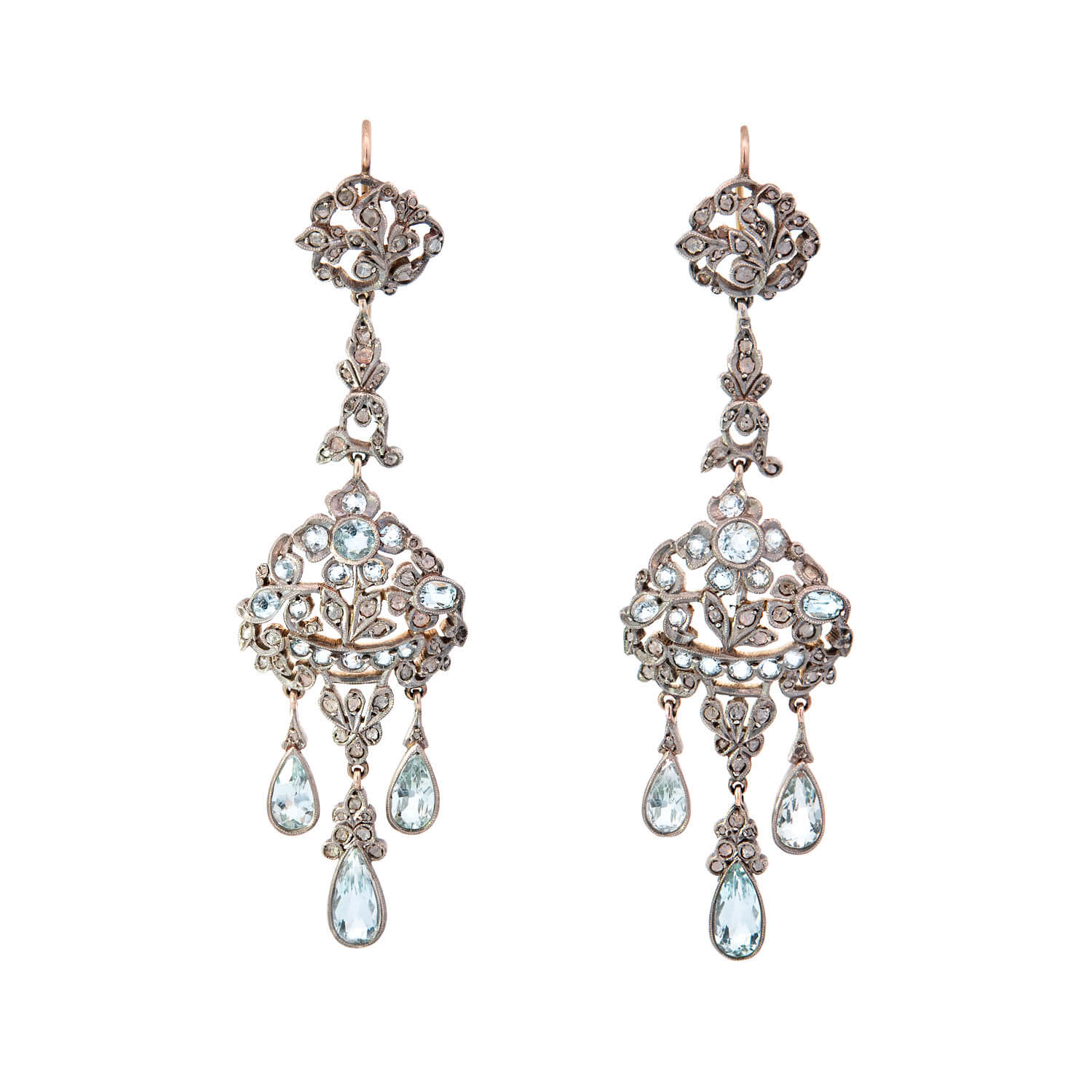 Victorian Silver/14k Large Aqua Diamond Chandelier Earrings