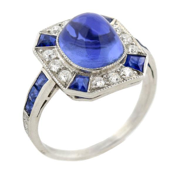 Art Deco Platinum No Heat Ceylon Sapphire Cabochon + Diamond Ring