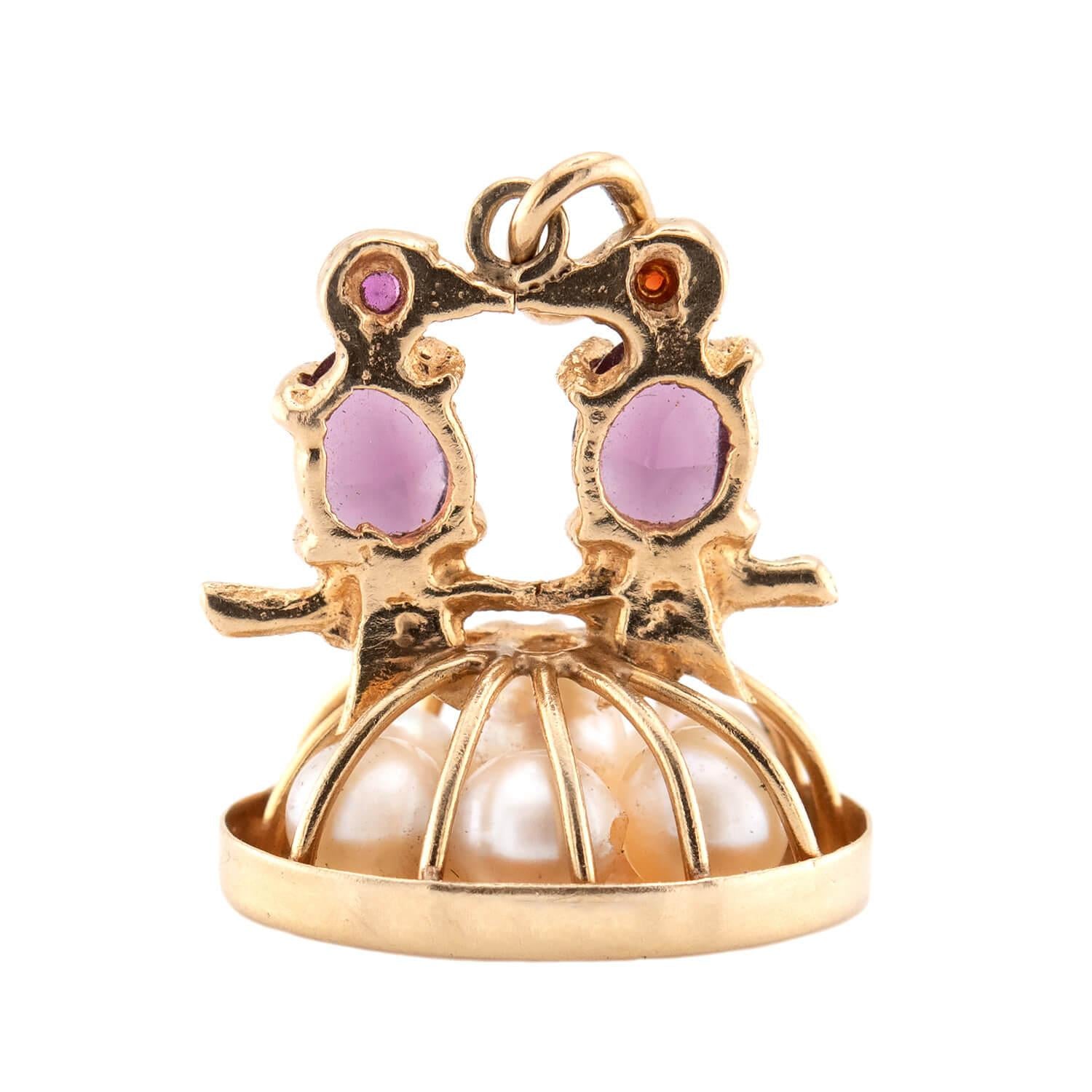 Retro 14k Garnet, Pearl, & Ruby Kissing Birds Pendant/Charm