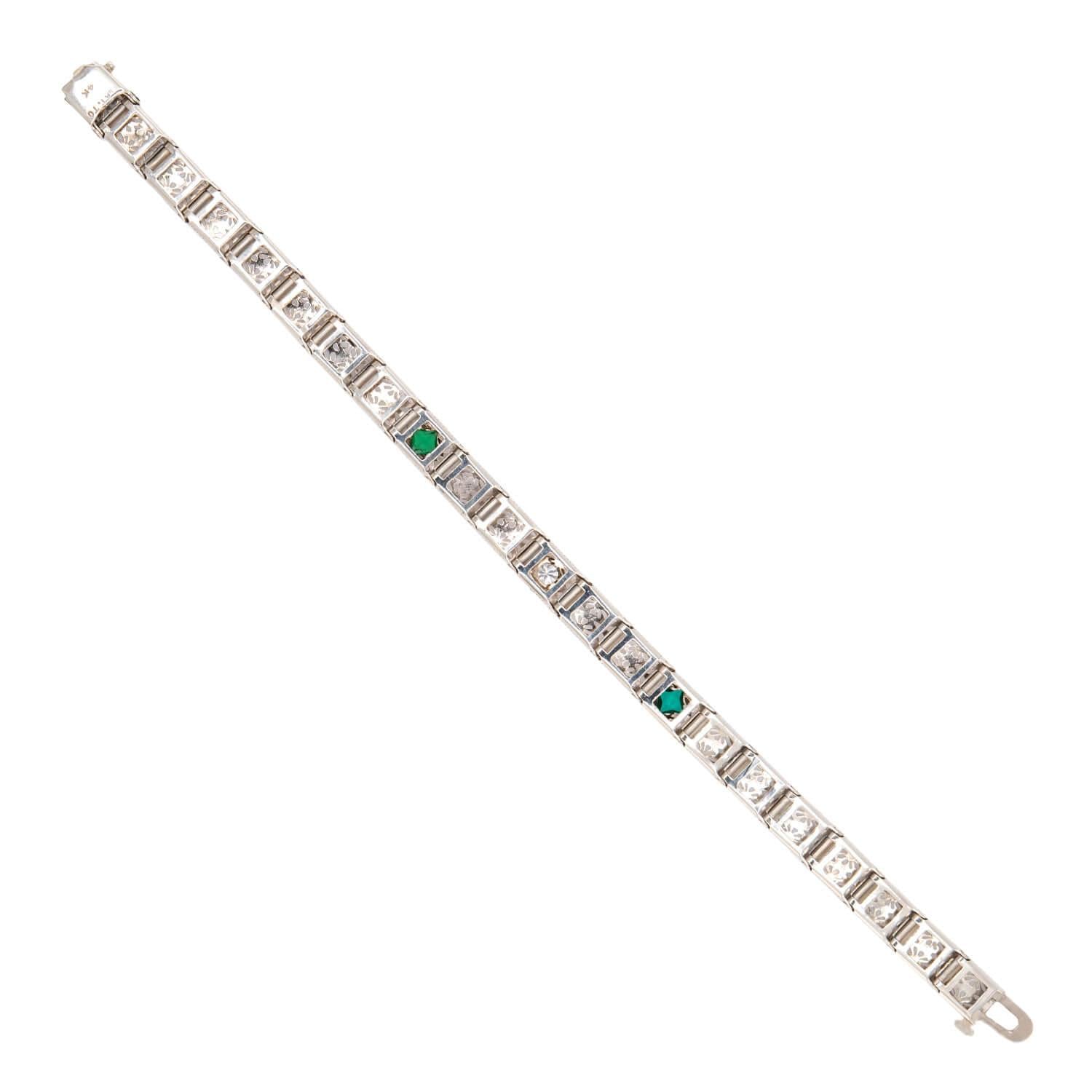 Art Deco 14k "Emerald" & Diamond Line Bracelet