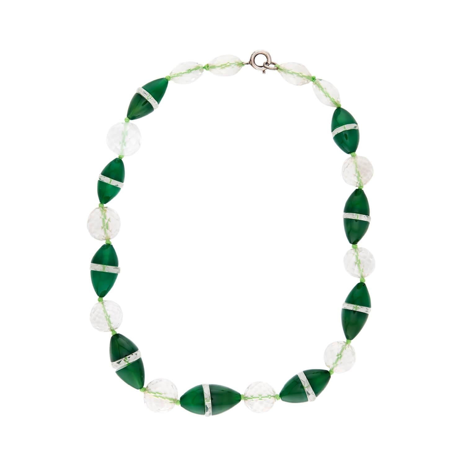 Art Deco Sterling Silver Chrysoprase and Rock Quartz Crystal Bead Necklace 16"