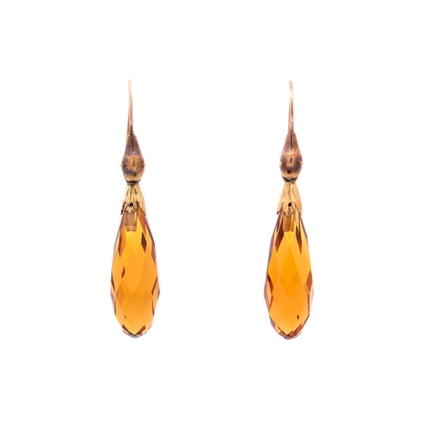 Victorian 14kt Gold Snakehead "Citrine" Faceted Teardrop Earrings