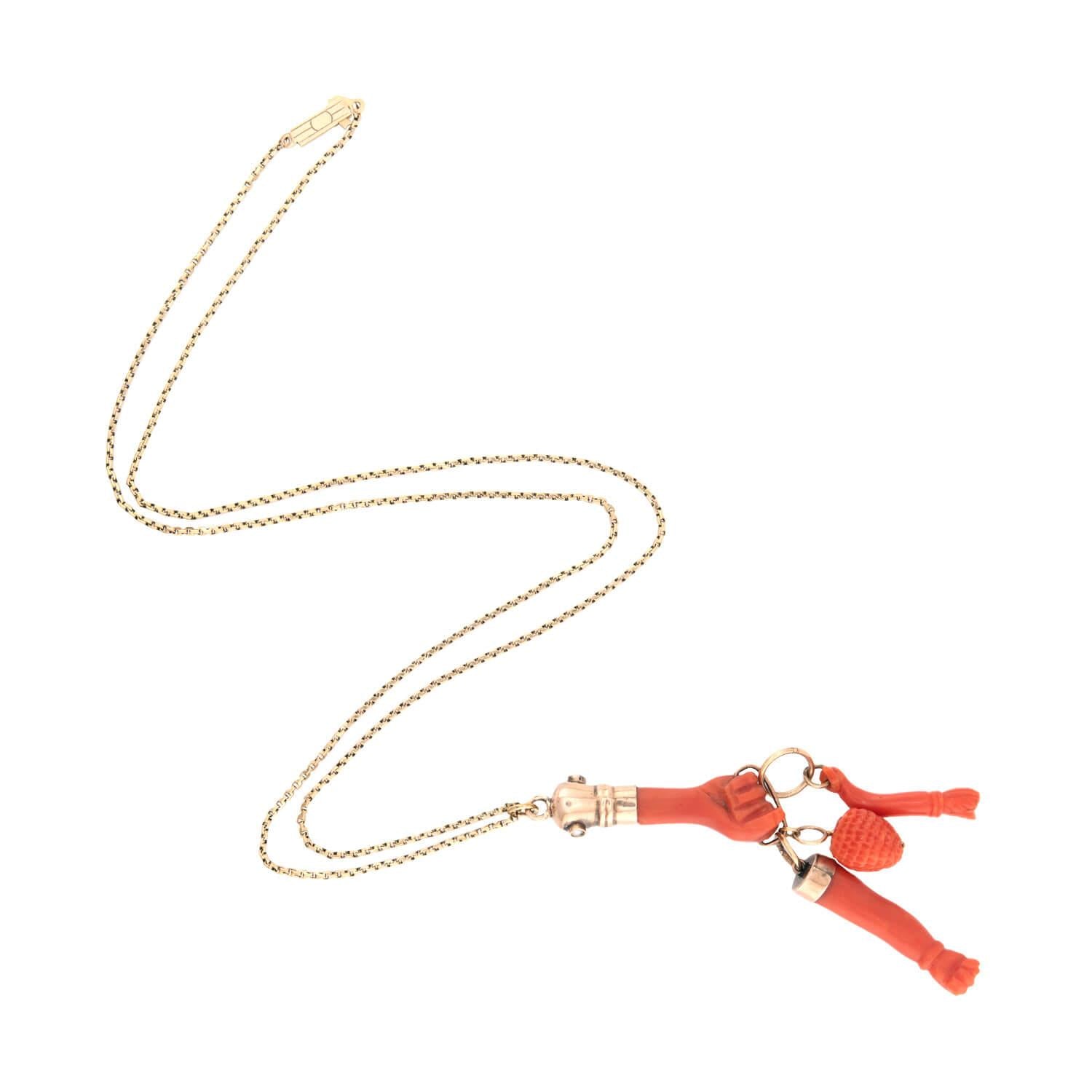 Victorian 18k Coral Figa Charm Pendant Necklace