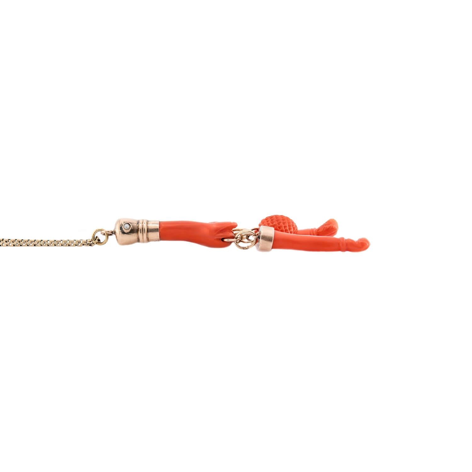 Victorian 18k Coral Figa Charm Pendant Necklace