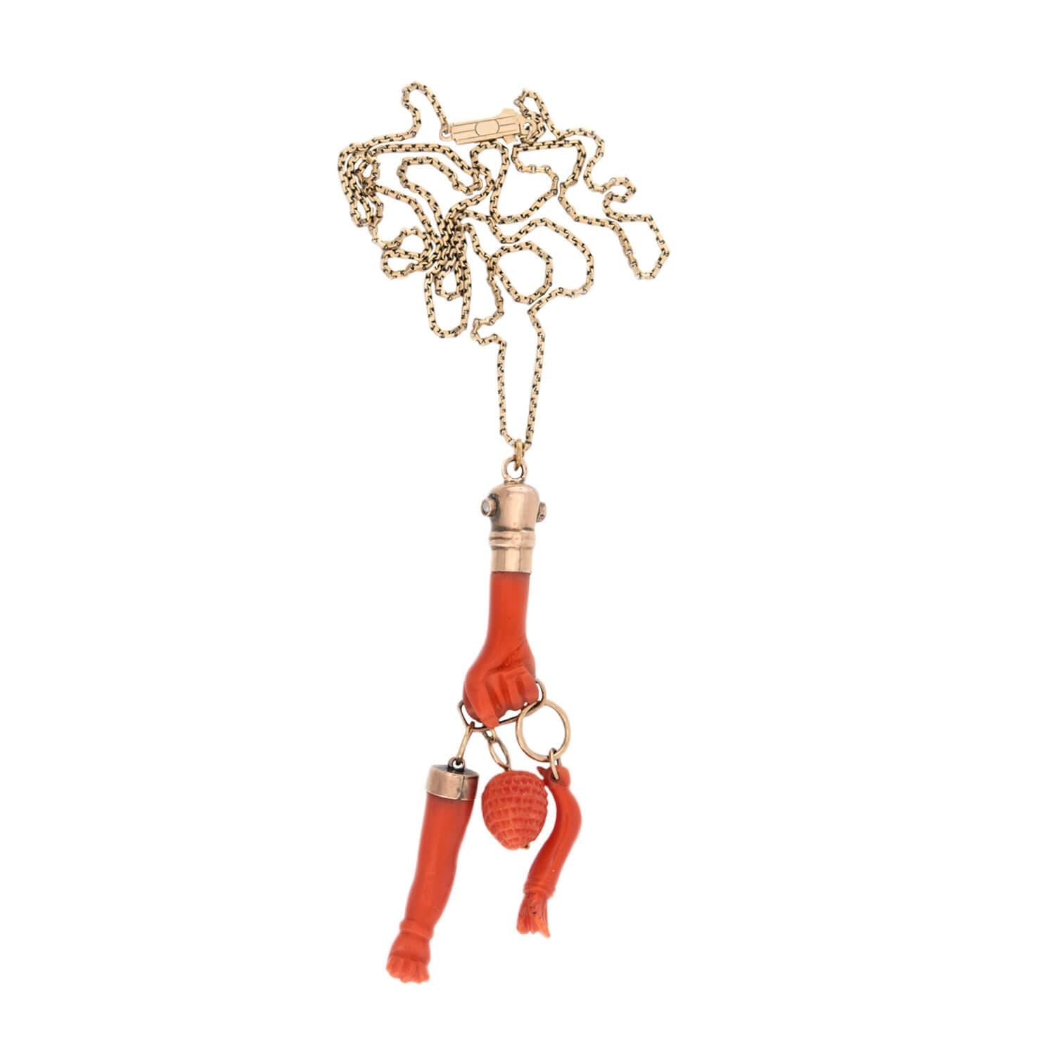 Victorian 18k Coral Figa Charm Pendant Necklace