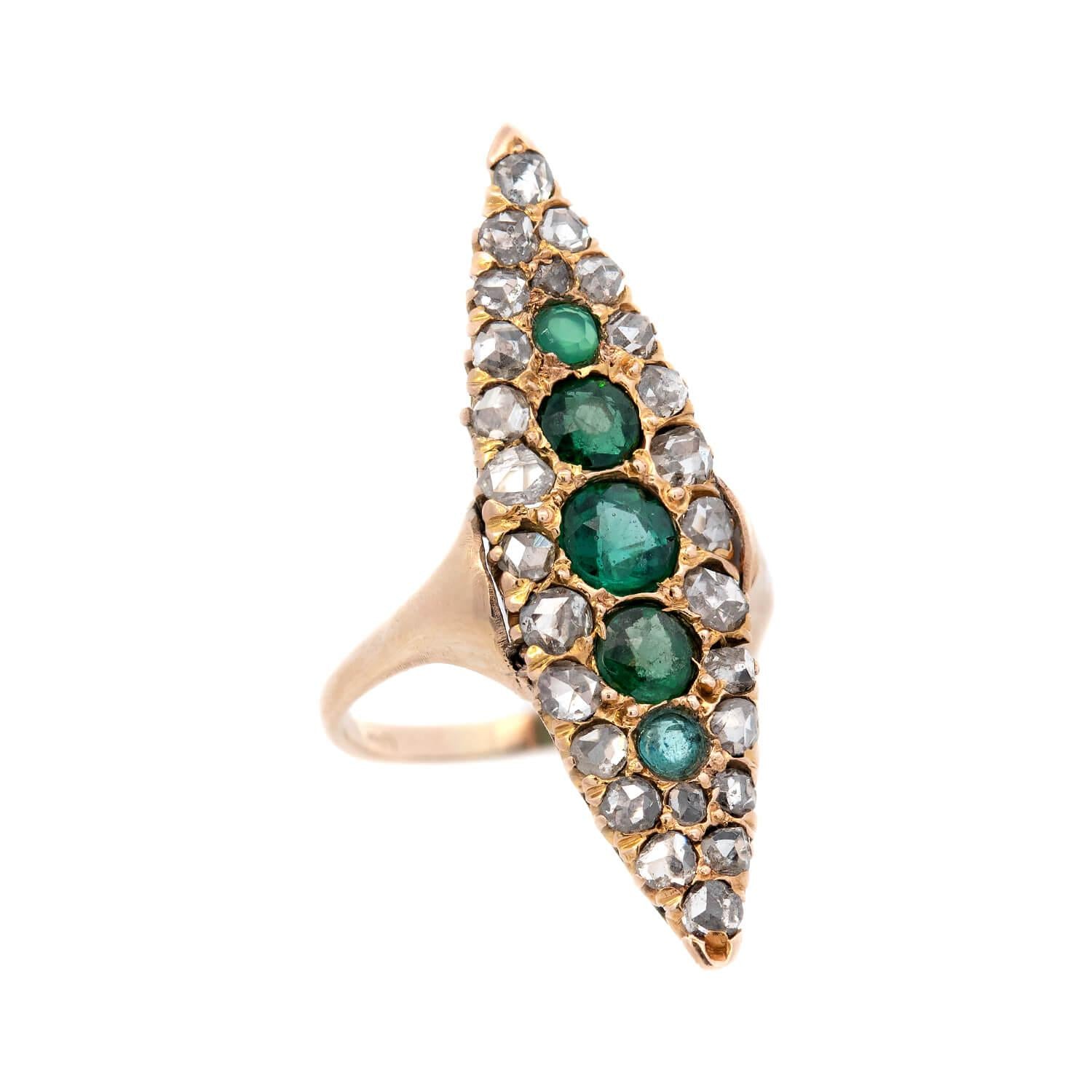 Edwardian 18k Diamond and Emerald Navette Ring