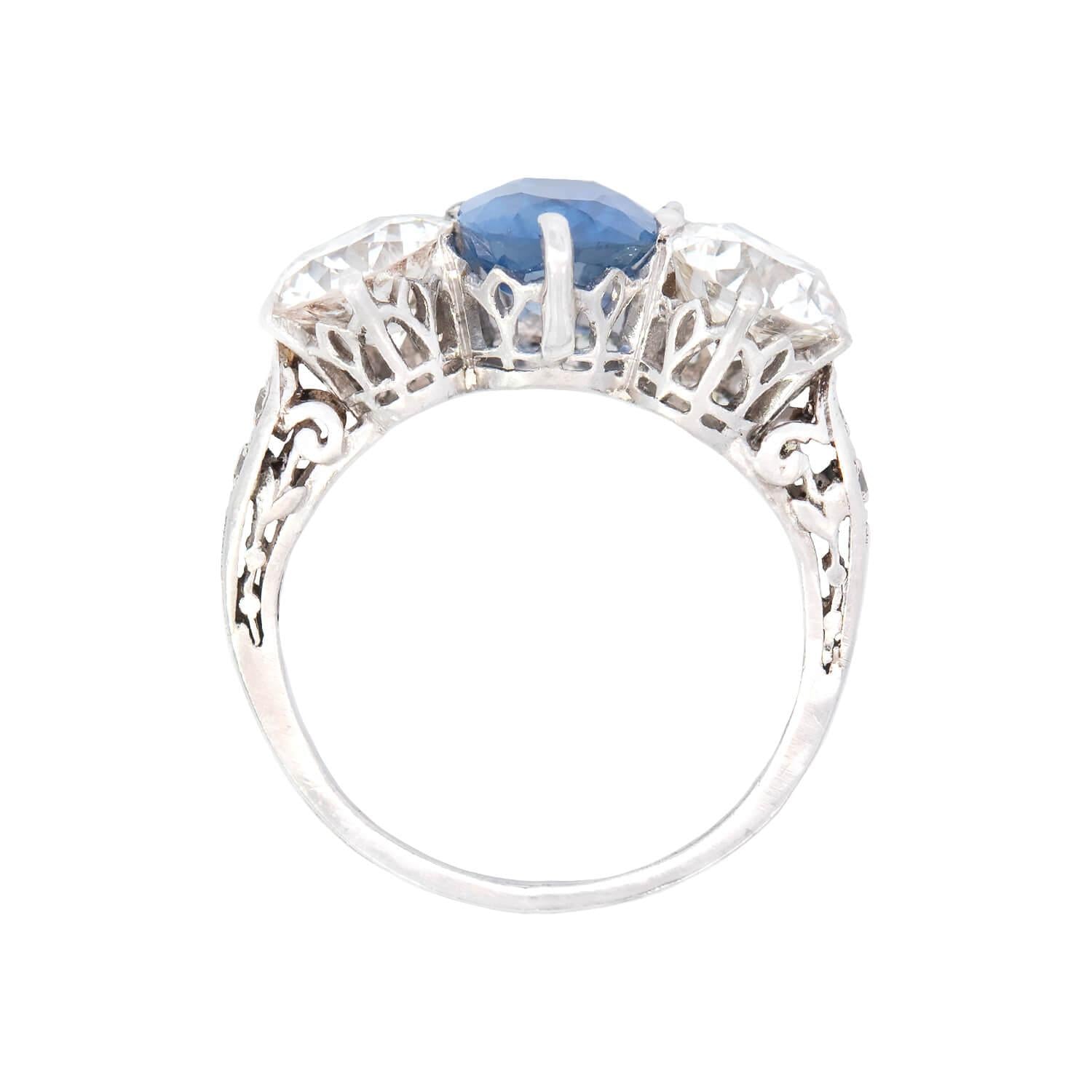 Edwardian Platinum GIA No Heat Sapphire and Diamond Three Stone Ring