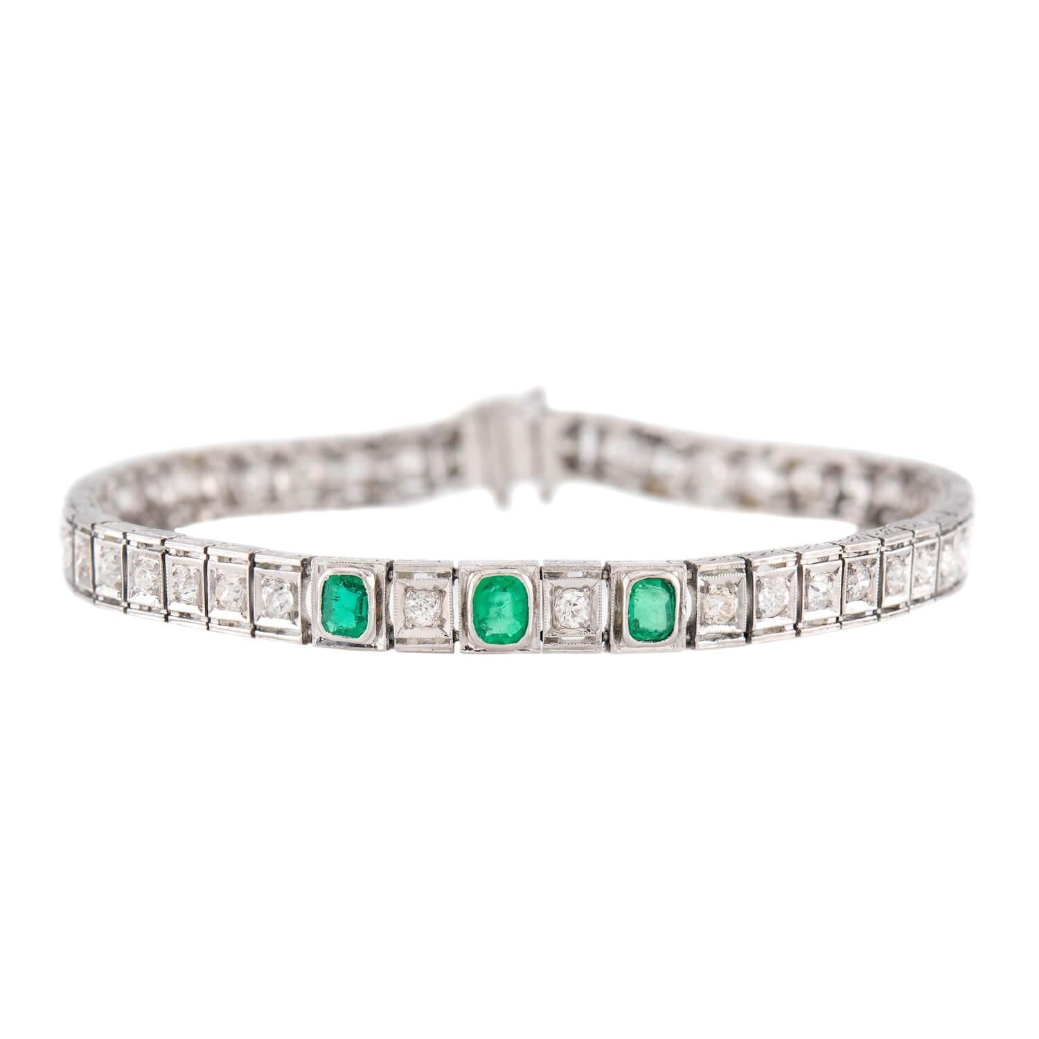 Edwardian Platinum Diamond & Emerald Line Bracelet