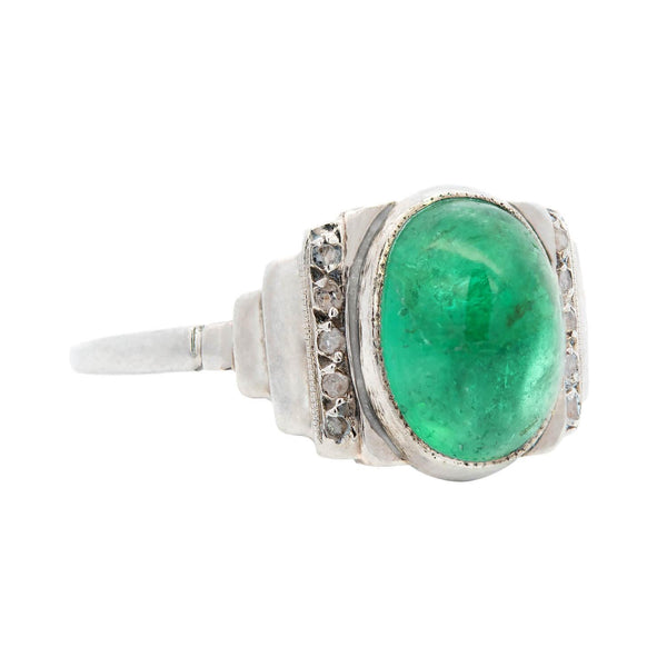 1 Art Deco Platinum 2.50ctw Cabochon Emerald & Diamond Ring