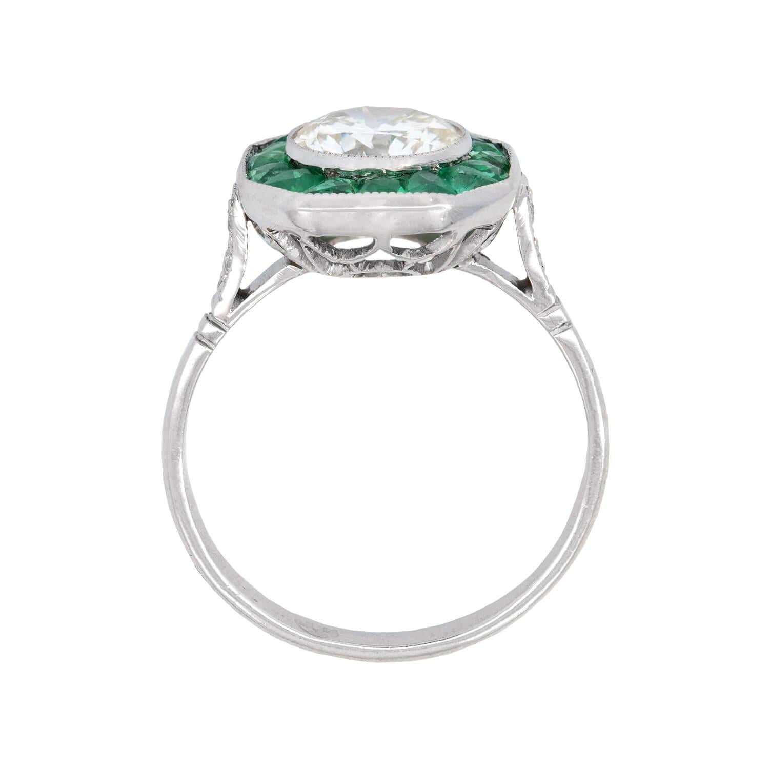 Art Deco Platinum Diamond and Emerald Halo Engagement Ring 1.50ct