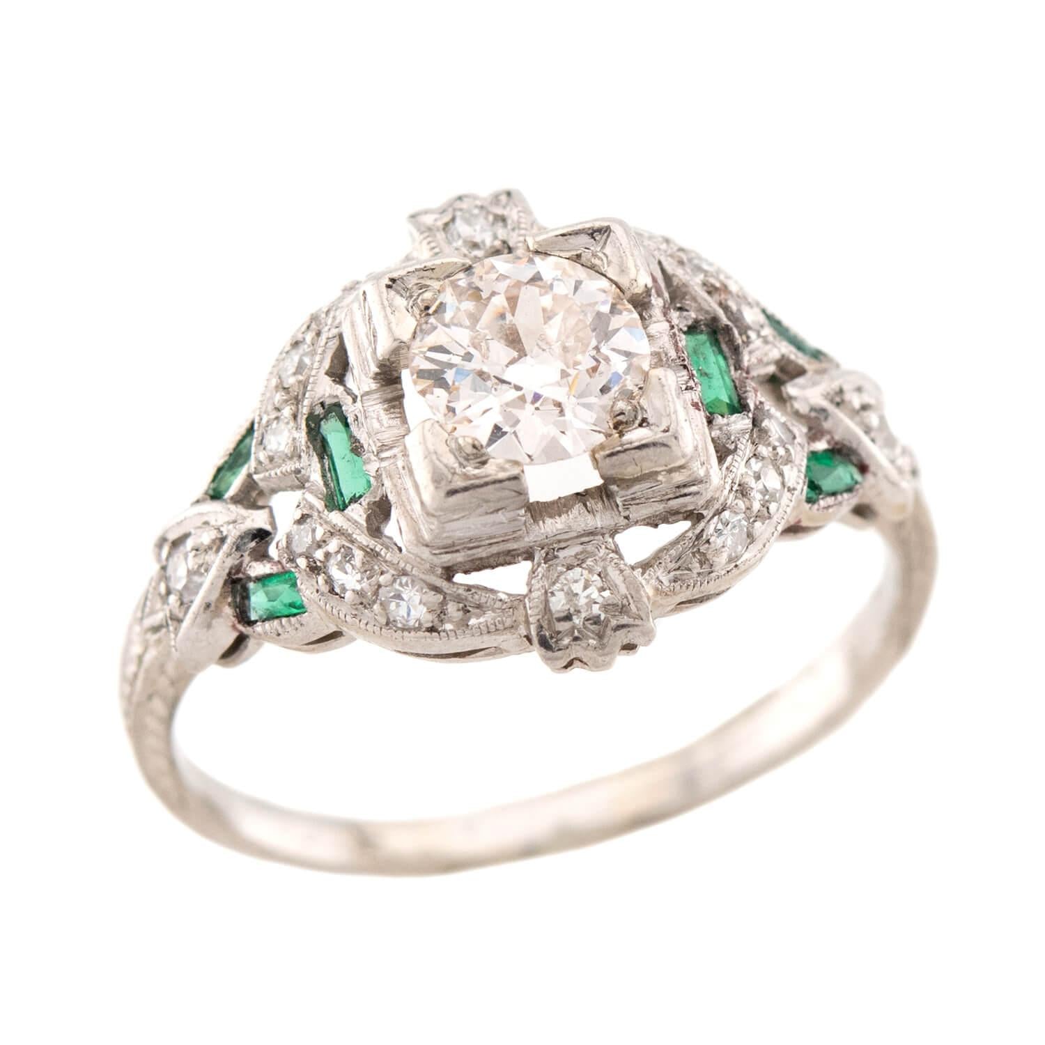 Art Deco Platinum Diamond & Emerald Engagement Ring .80ct