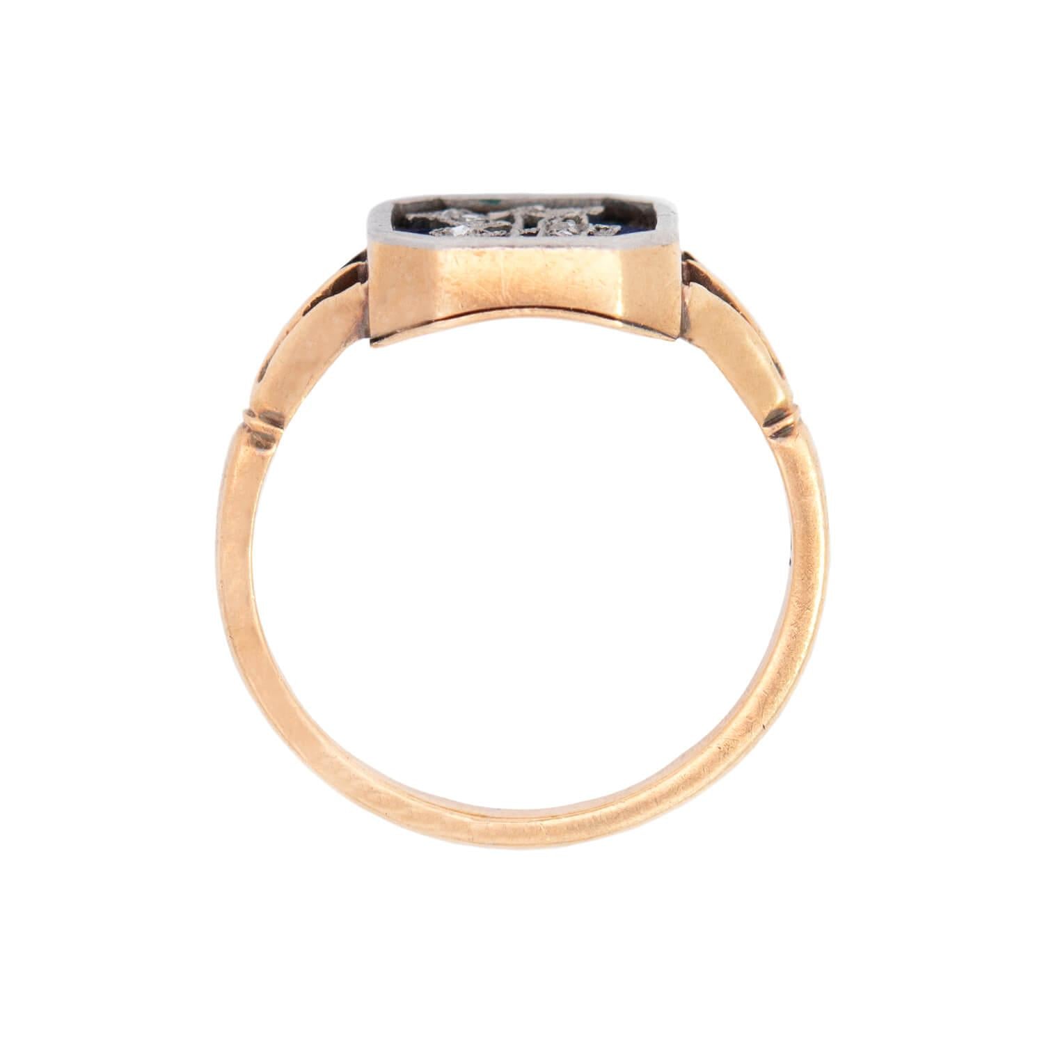 Victorian 18k Diamond and Enamel "R" Ring