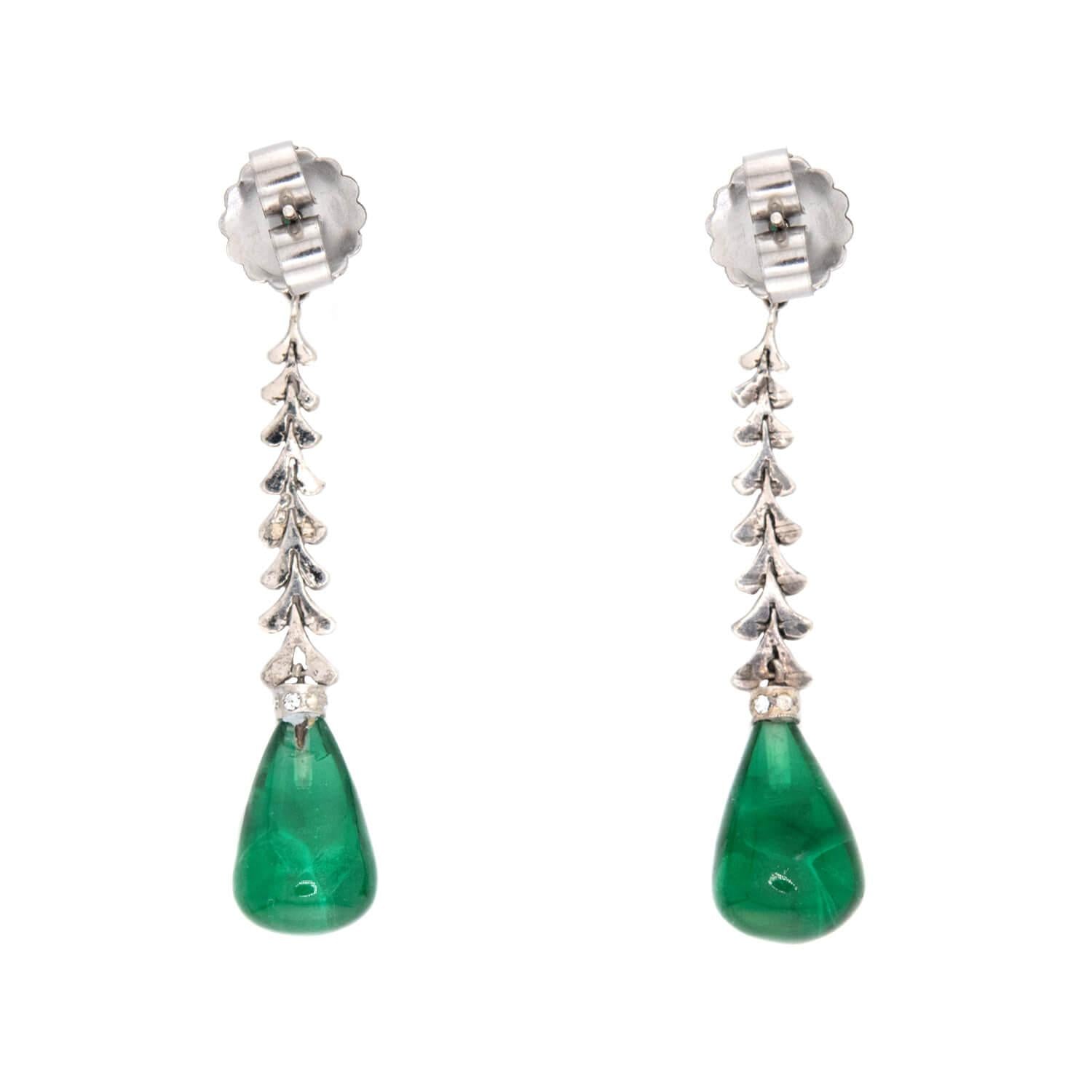Art Deco Sterling Silver "Emerald" and Paste Teardrop Earrings
