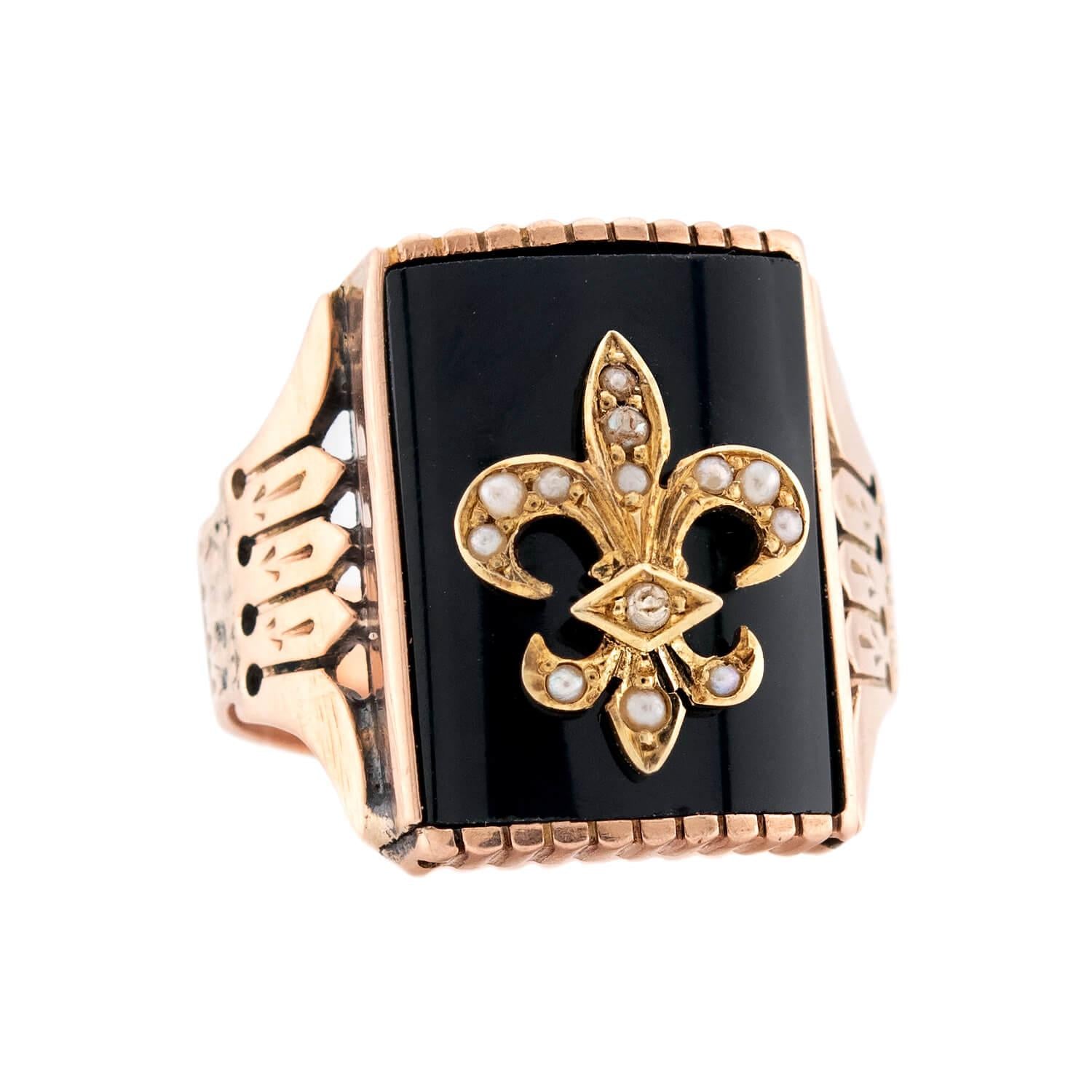 Victorian 10k Onyx & Pearl Fleur-De-Lis Ring