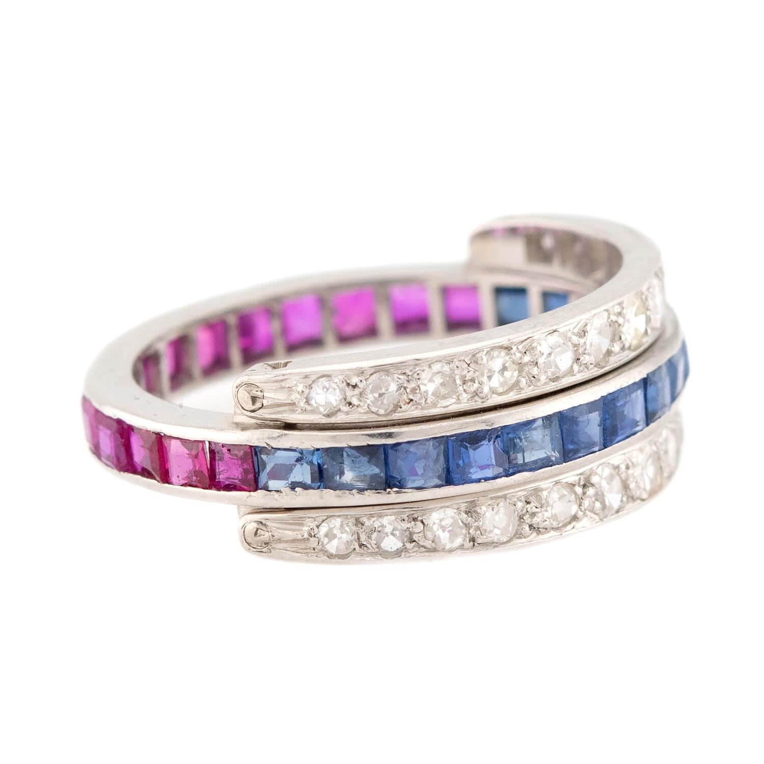 Edwardian Platinum Ruby, Sapphire, & Diamond "Flip" Ring