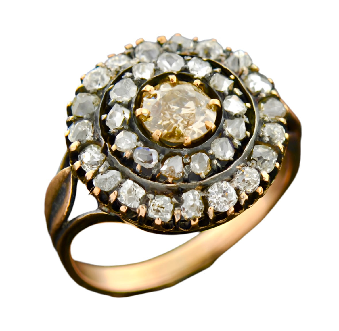 18kt Mine & Rose Cut Diamond Double Halo Cluster Ring 2ctw