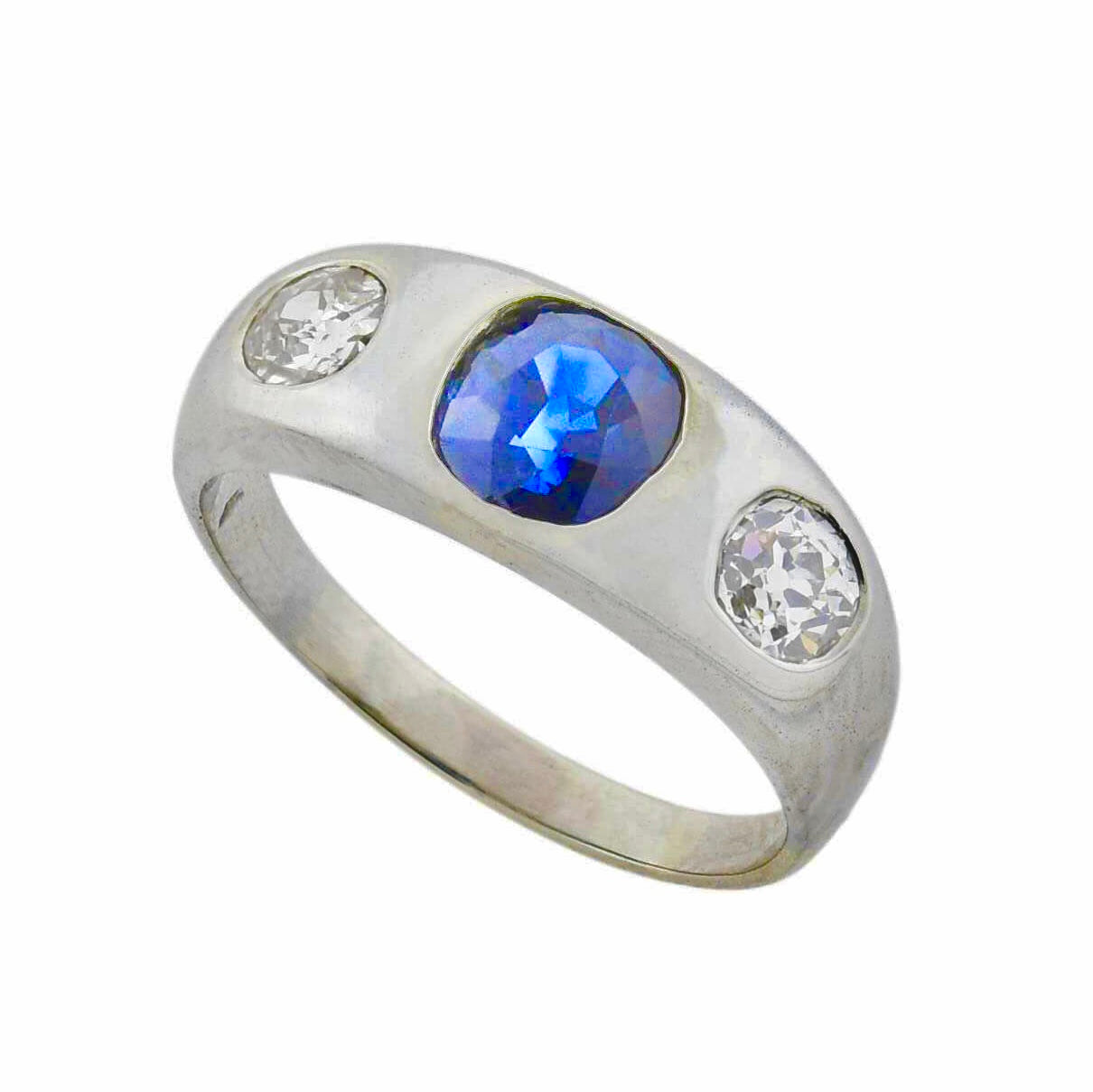 Edwardian Platinum 1.35ct Sapphire & Mine Cut Diamond Gypsy Ring