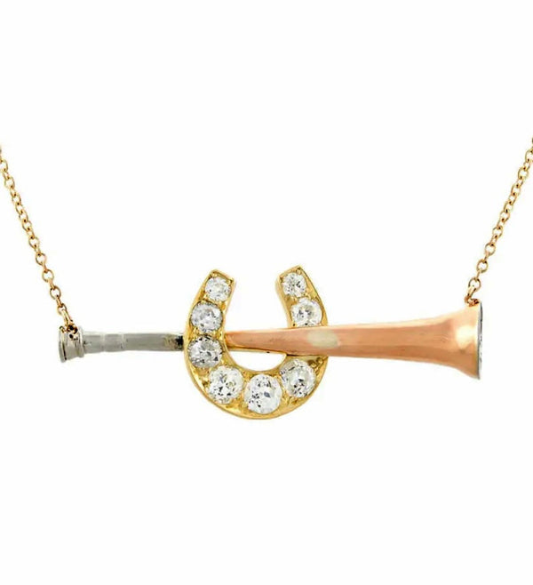 Edwardian 14kt/Platinum Hunting Horn + Horseshoe Pendant Necklace