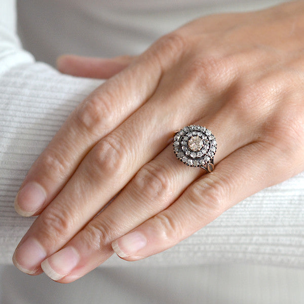 18kt Mine & Rose Cut Diamond Double Halo Cluster Ring 2ctw