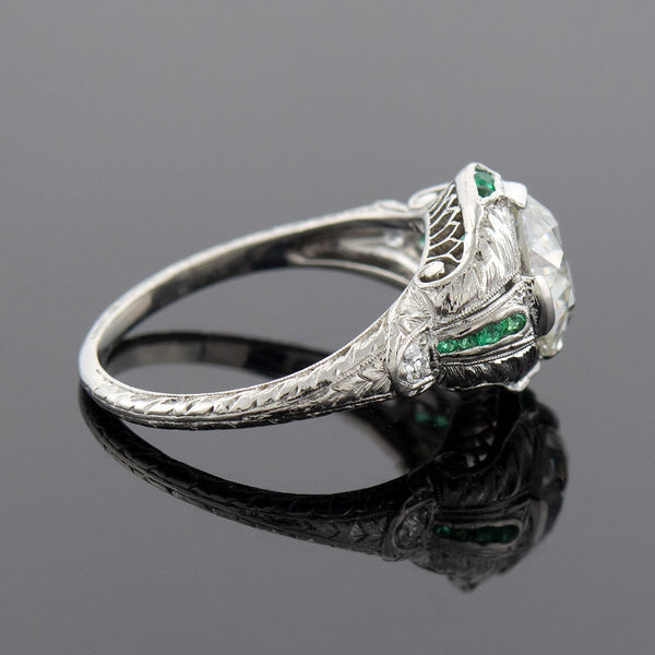 Art Deco Platinum Diamond + Emerald Engagement Ring 2.36ctw Center