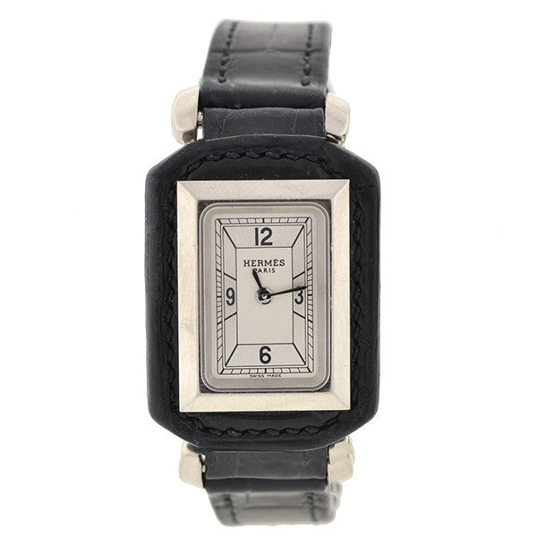 HERMES PARIS Estate 18kt Black Leather Quartz Watch