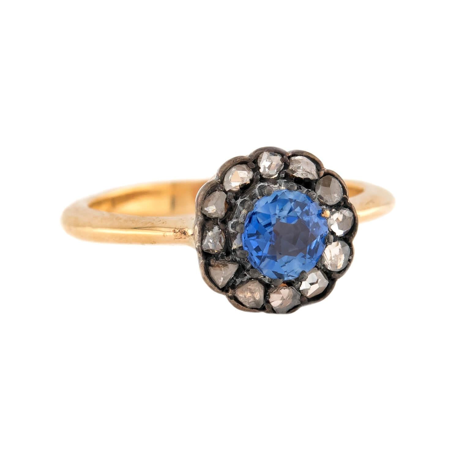 Victorian 18k/Sterling Silver Sapphire & Diamond Halo Ring