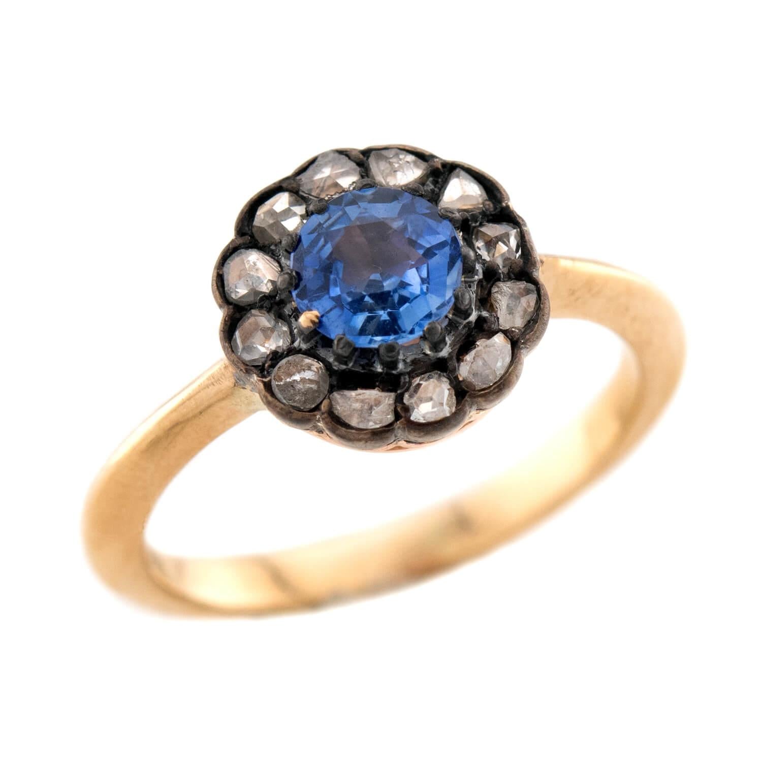 Victorian 18k/Sterling Silver Sapphire & Diamond Halo Ring
