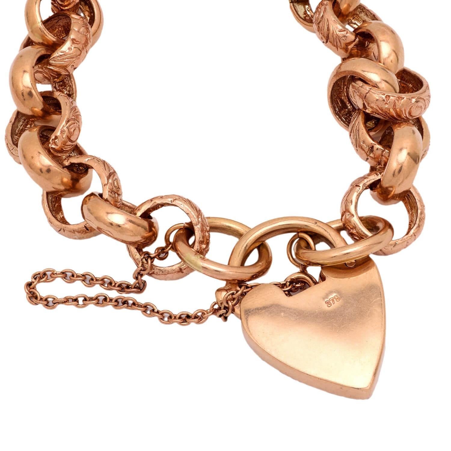Victorian 9k Repousse Heart Padlock Link Bracelet