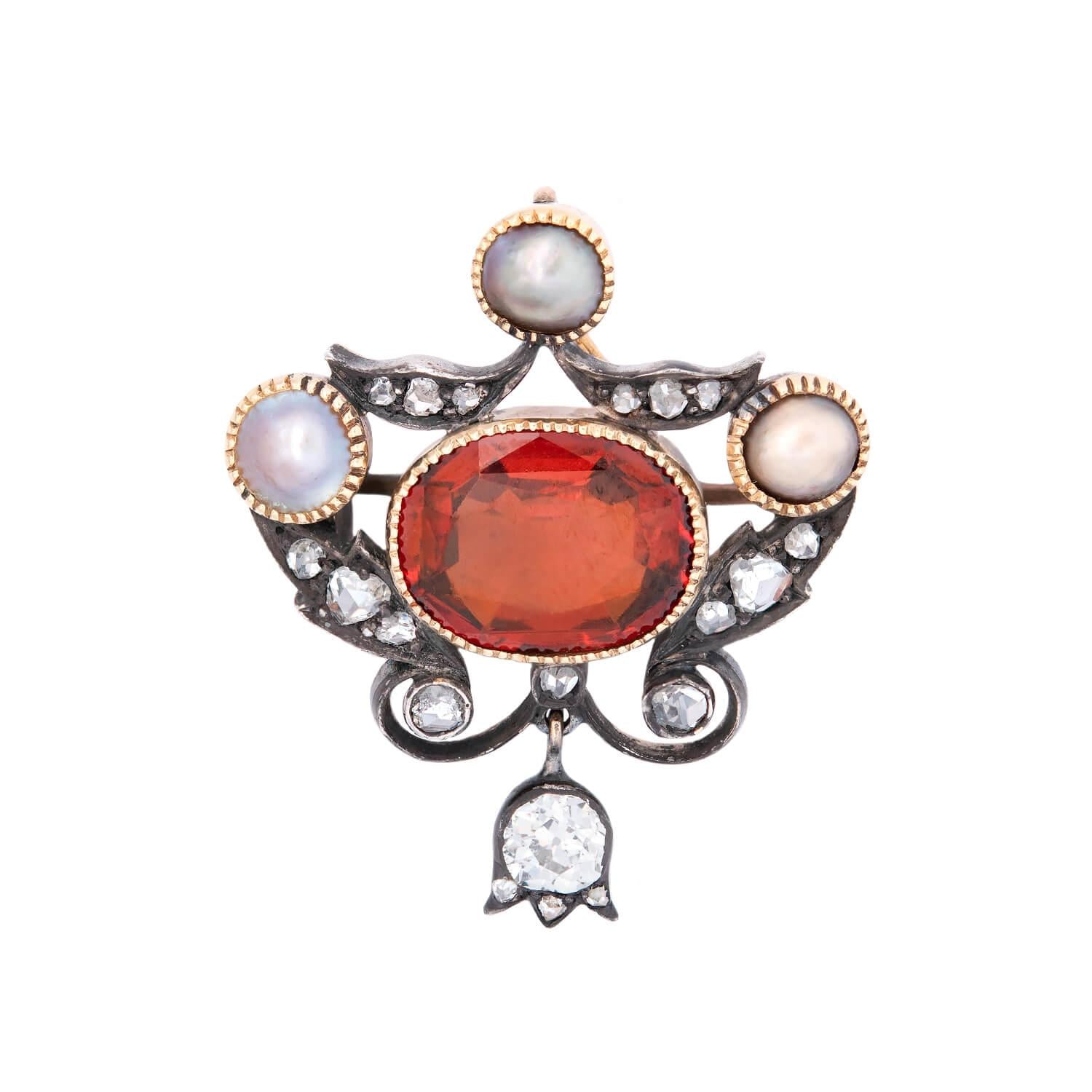 Victorian 18k/Sterling Silver Hessonite Garnet, Diamond, and Pearl Pin