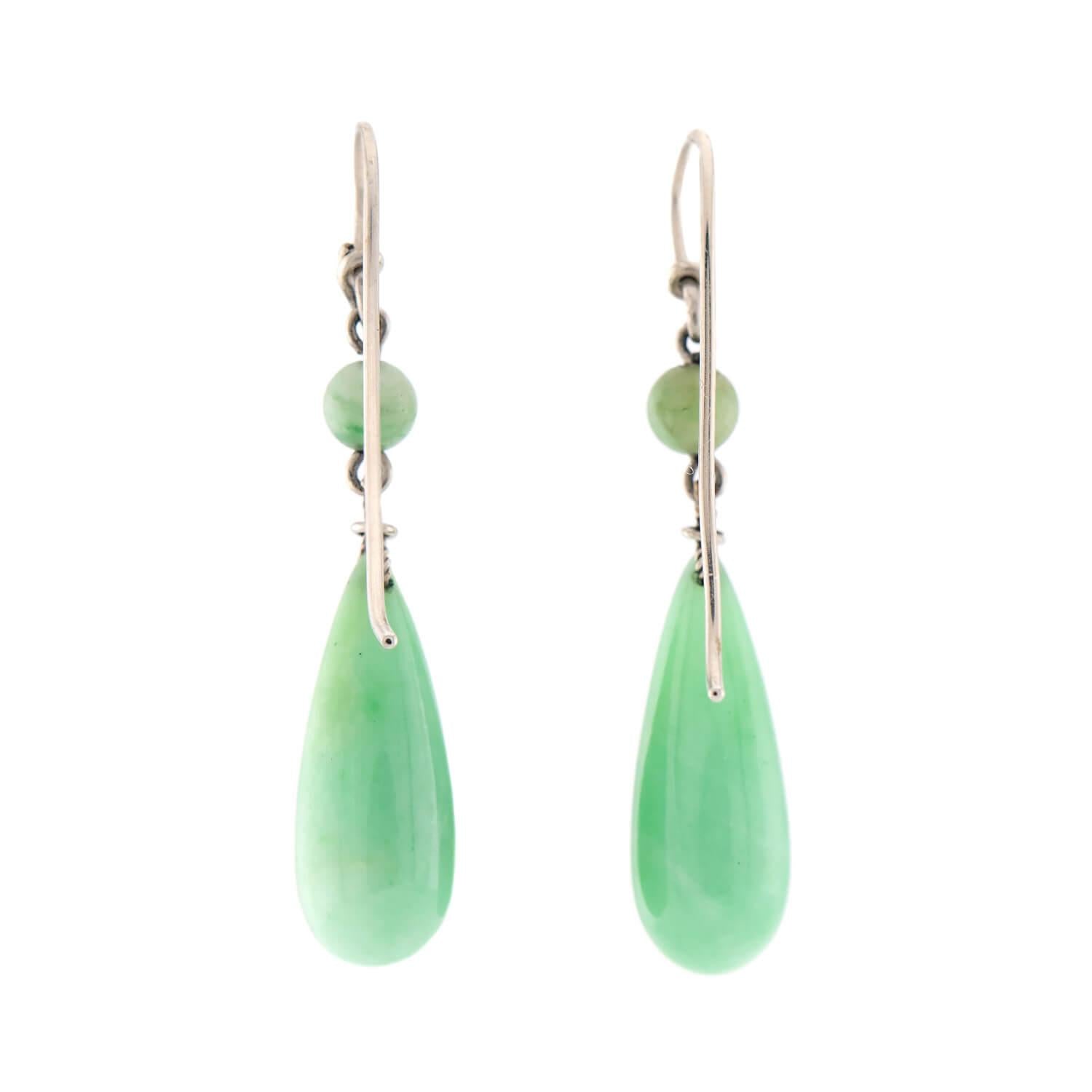 Art Deco Sterling Silver Jade Drop Earrings