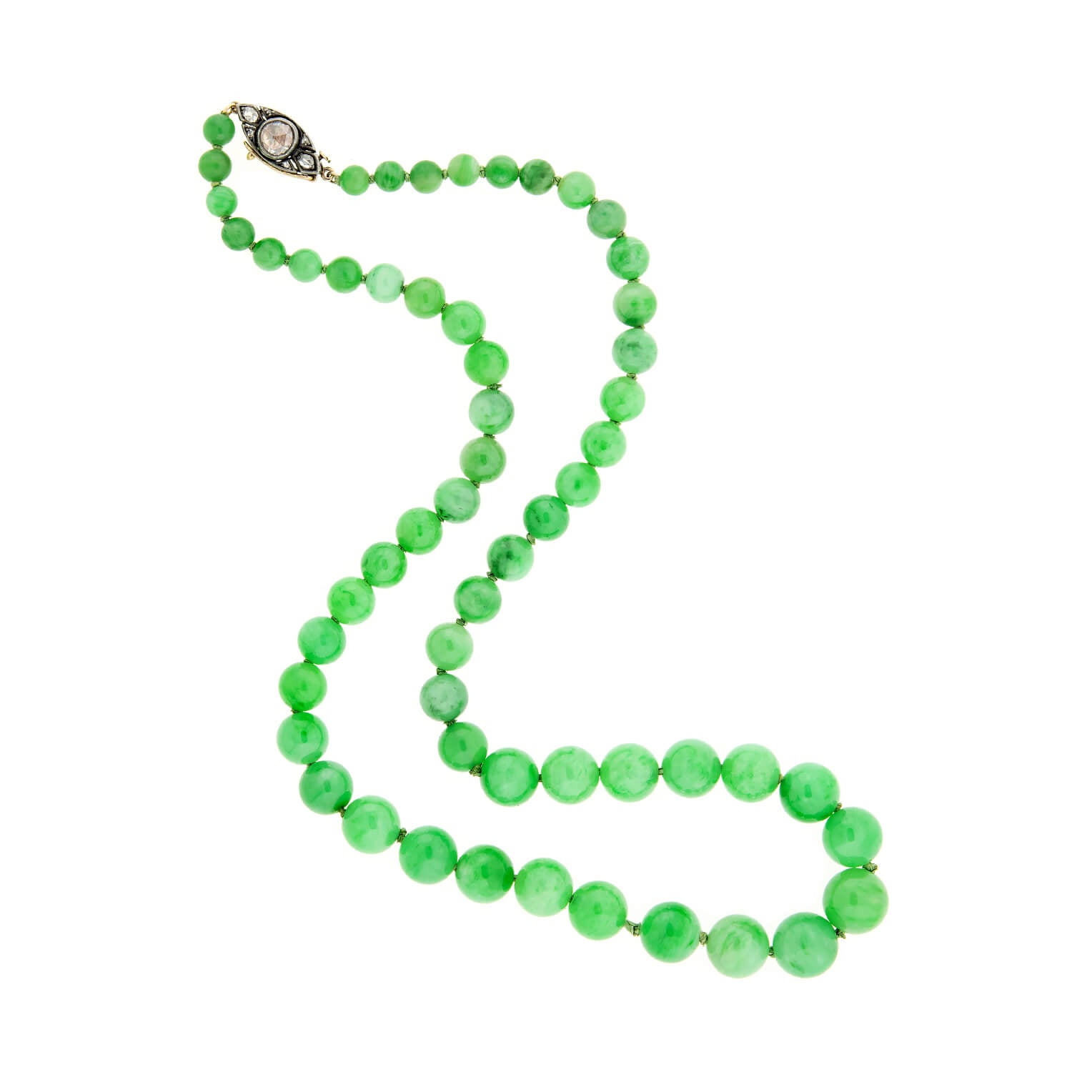 Victorian 14K/SS Jadeite Bead Necklace + Diamond Eye Clasp by A. Brandt + Son, image size:1500x1500