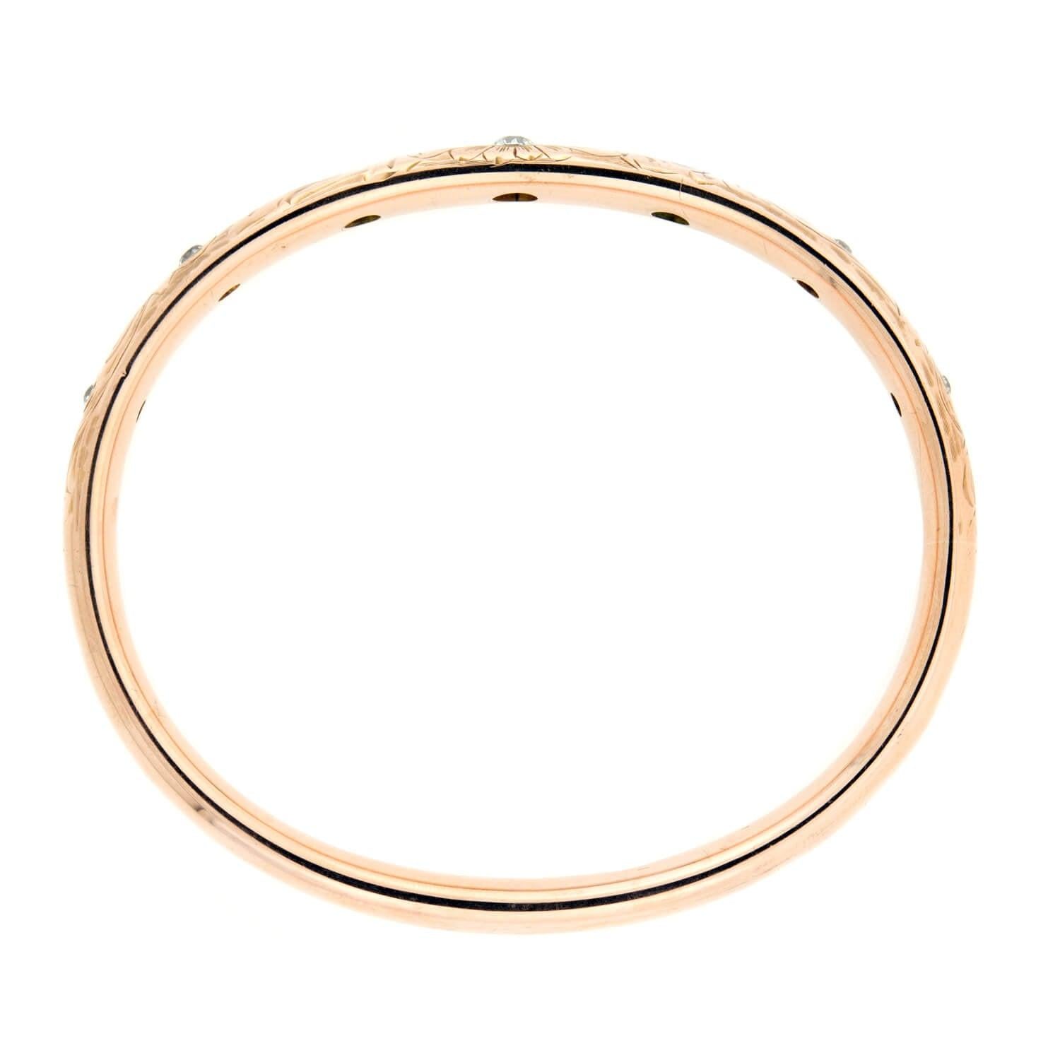 Late Victorian 14k Diamond and Emerald Doublet Etched Bangle Bracelet