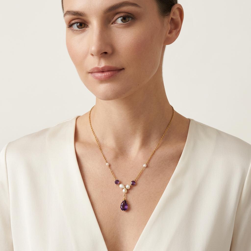 Art Nouveau 14k Amethyst & Pearl Festoon Necklace