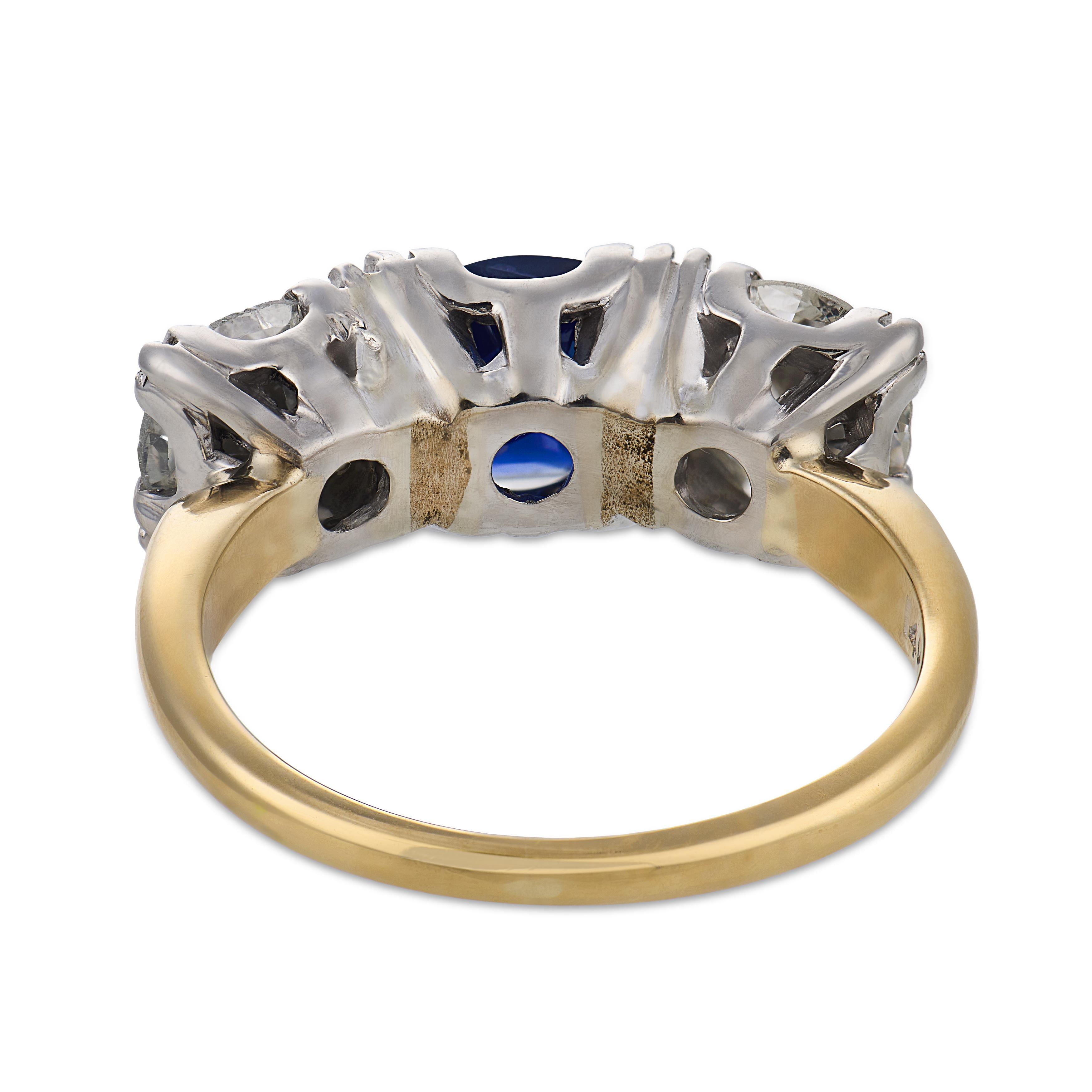 Art Deco 14k Sapphire & Diamond Three Stone Ring