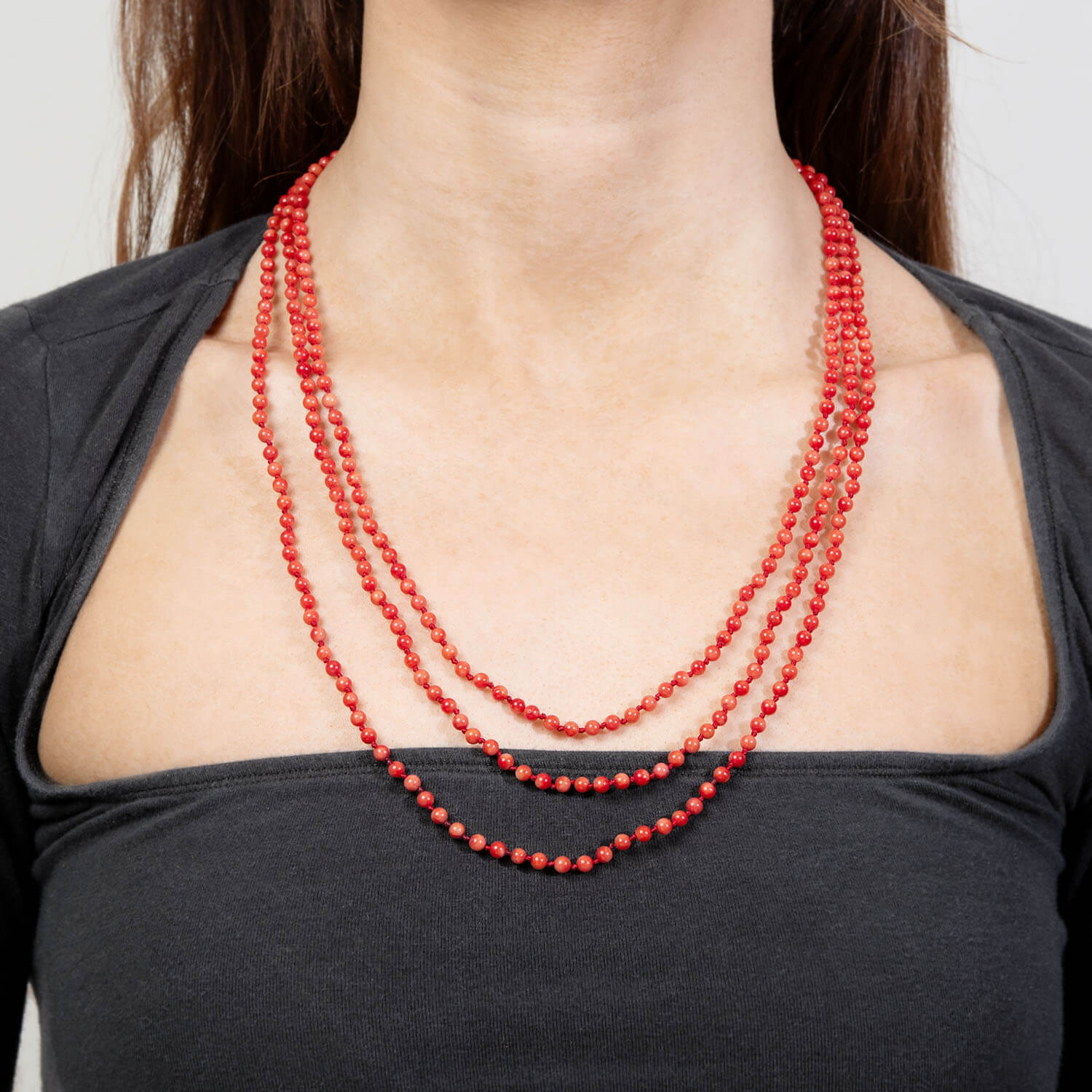 Art Deco Coral Bead Necklace 70"