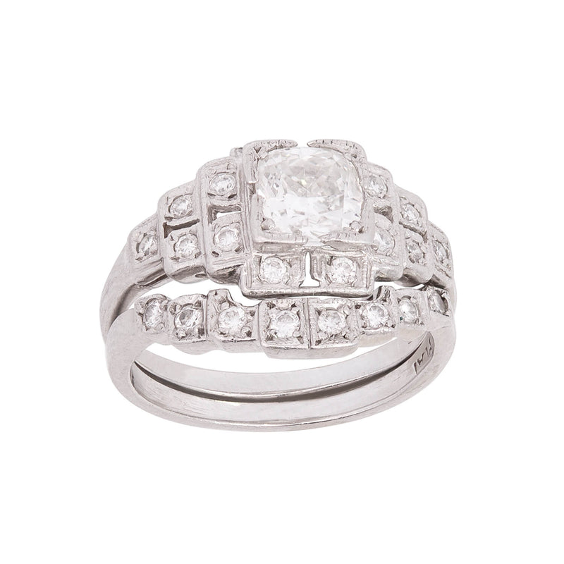 Art Deco Platinum "Step-Up" Diamond Engagement Ring Set with 1.04 center